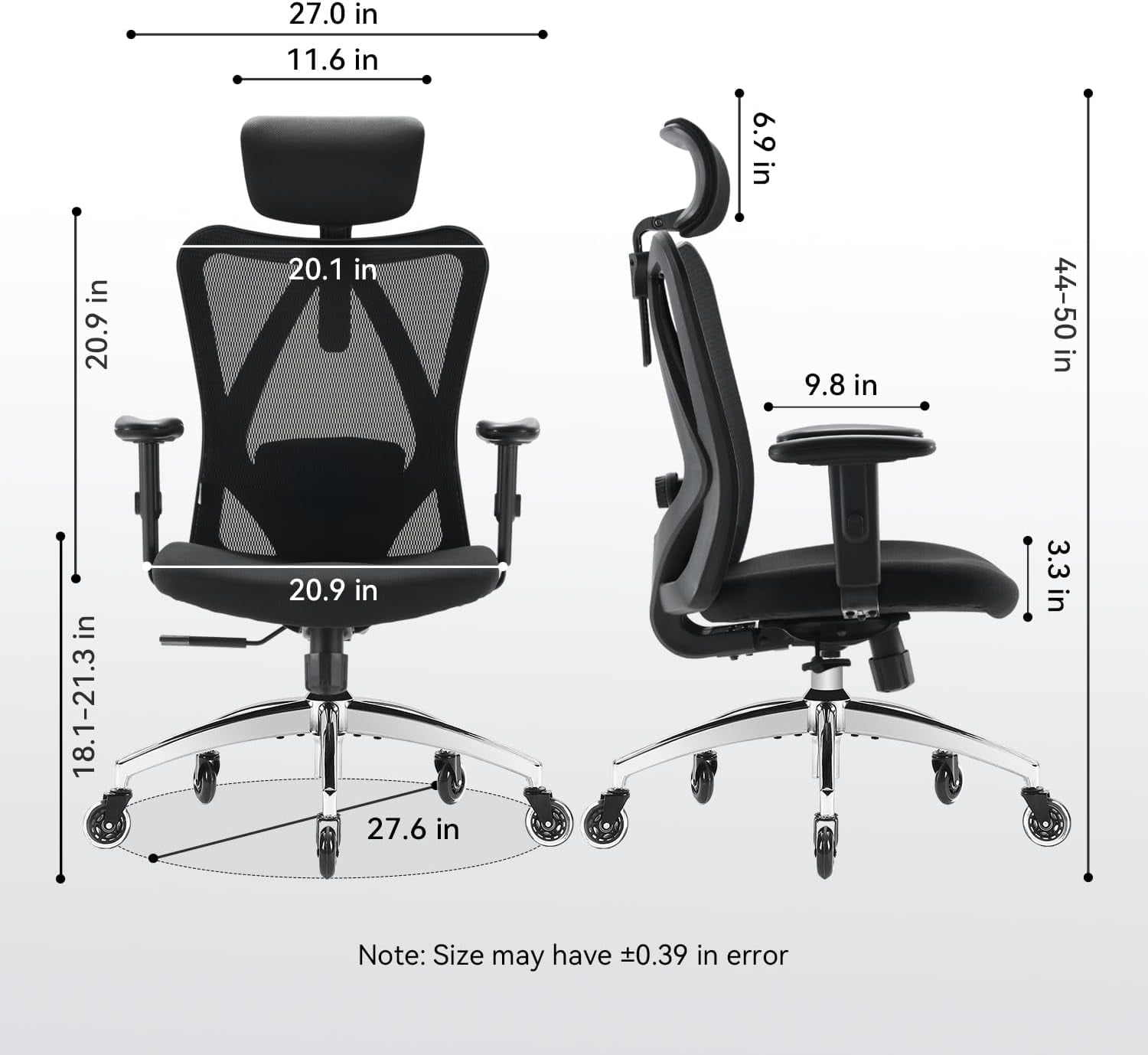 Ergonomic Office Chair, Mesh Computer Desk Chair with Adjustable Sponge Lumbar Support, Thick Cushion, PU Armrest and Headrest, High Back Swivel Home Office Task Chair for Work (Black)…$$