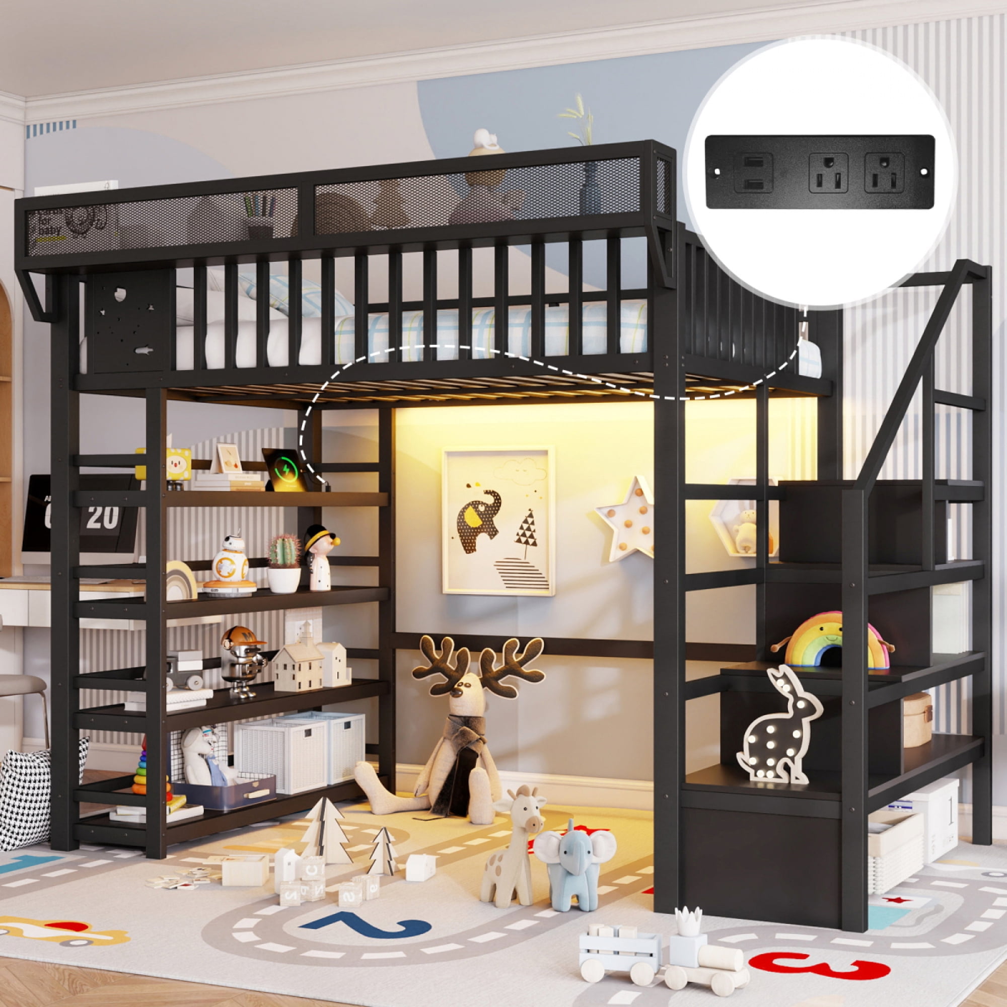 Full Loft Bed with 4 Shelf Storage Rack and Charging Station, Metal Full Loft Bed with Stairs Storage for Bedroom,Black