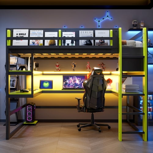 Full Size Wood Loft Bed with Desk and Storage Shelves, Gaming Bed with RGB LED Lights and Charging Station, Side Storage Rack Included, for Bedroom and Dorm Room, Green
