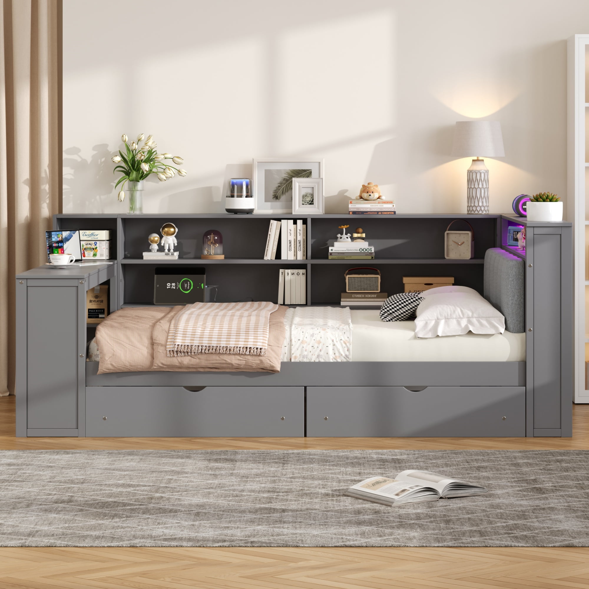 Full Size Platform Bed with Storage, Upholstered Headboard Bed Frame with Desk, Charging Station, LED Lights & 2 Drawers, Grey Wooden Bed