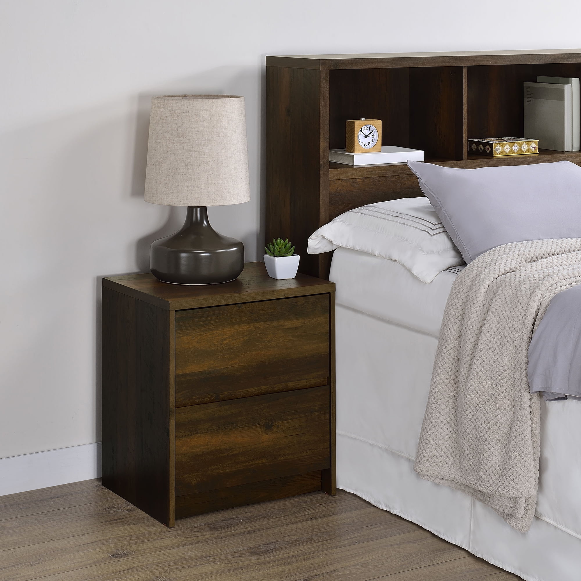 Geary Dark Pine 2-Drawer Nightstand with LED Motion Sensor Light & Dual USB-A/C Ports | Engineered Wood | 23.5" H x 19.75" W | Bedroom Furniture