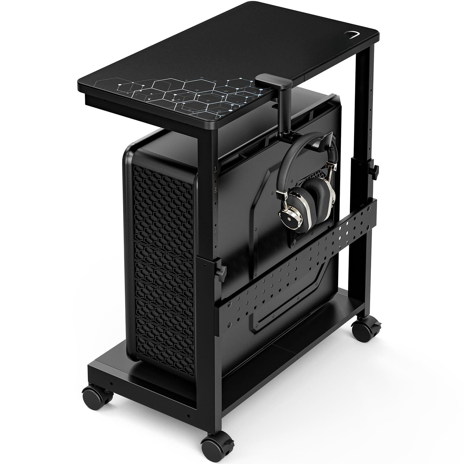 Height Adjustable Computer Tower Stand 2-tier Atx-case Cpu Holder With Mouse Pad & Headphone Mobile Pc Standing Under Desk Home Office Gaming Accessories Cart Wheels Black