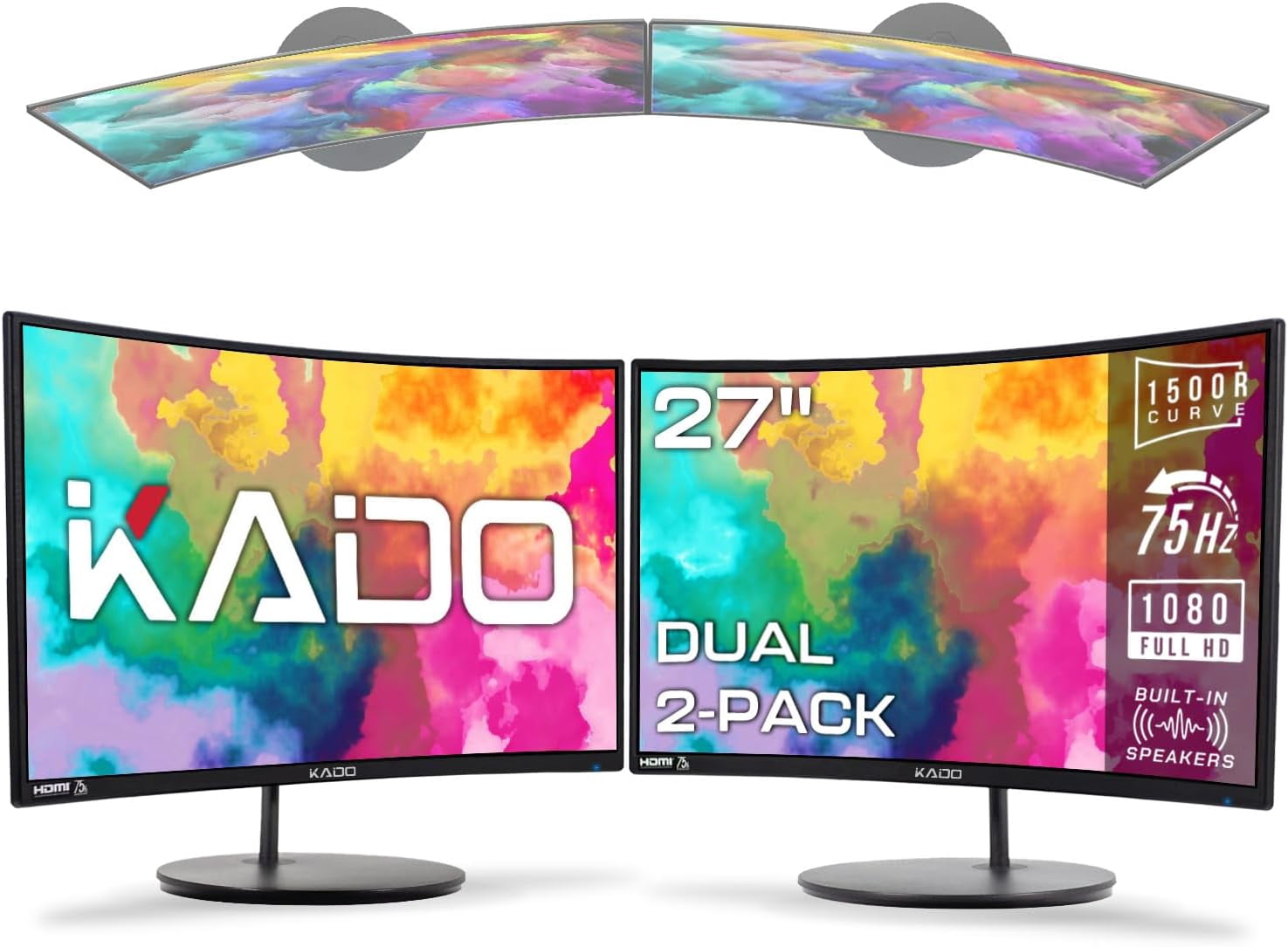 Kado C27 Dual Monitor Setup, 2-Pack 27" Curved 1500R FHD 75Hz HDMI VESA with Speakers