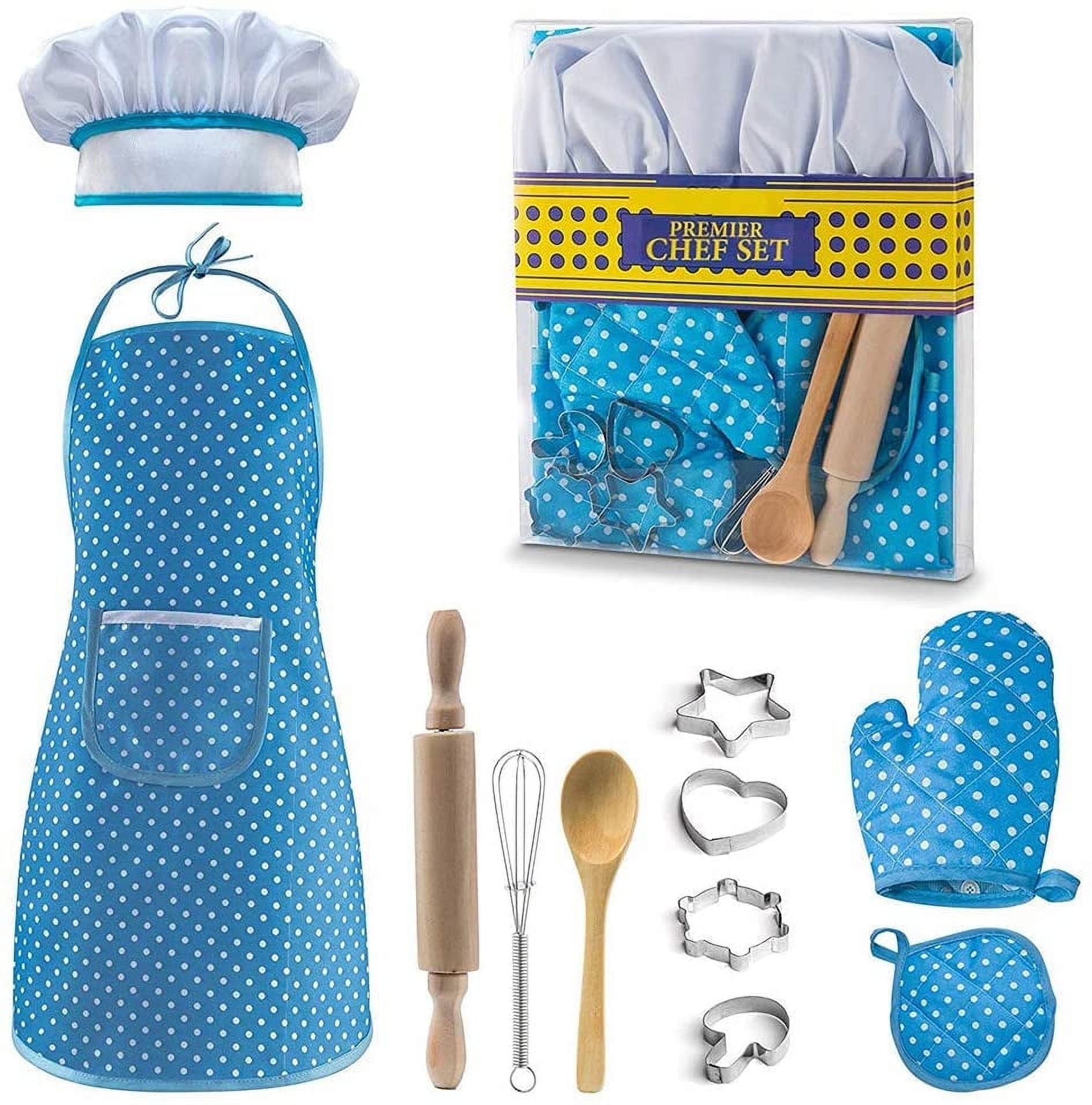 Rirool Kids Cooking Set, 11 Pcs Chef Role Play Kit with Apron, Hat, Mitt, Utensils & Baking Tools, Pretend Play Kitchen Costume Gift for Girls Ages 3-6, Birthday & Holiday