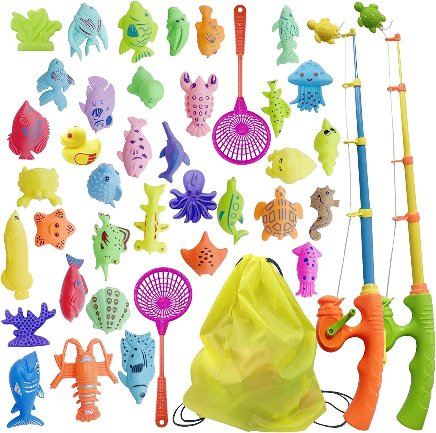 Rirool Magnetic Fishing Game Toy for Kids - 40PCS Ocean Animals, 2 Rods & Nets - Bath, Pool, Floor Play, STEM Learning Toy for Toddlers Preschool