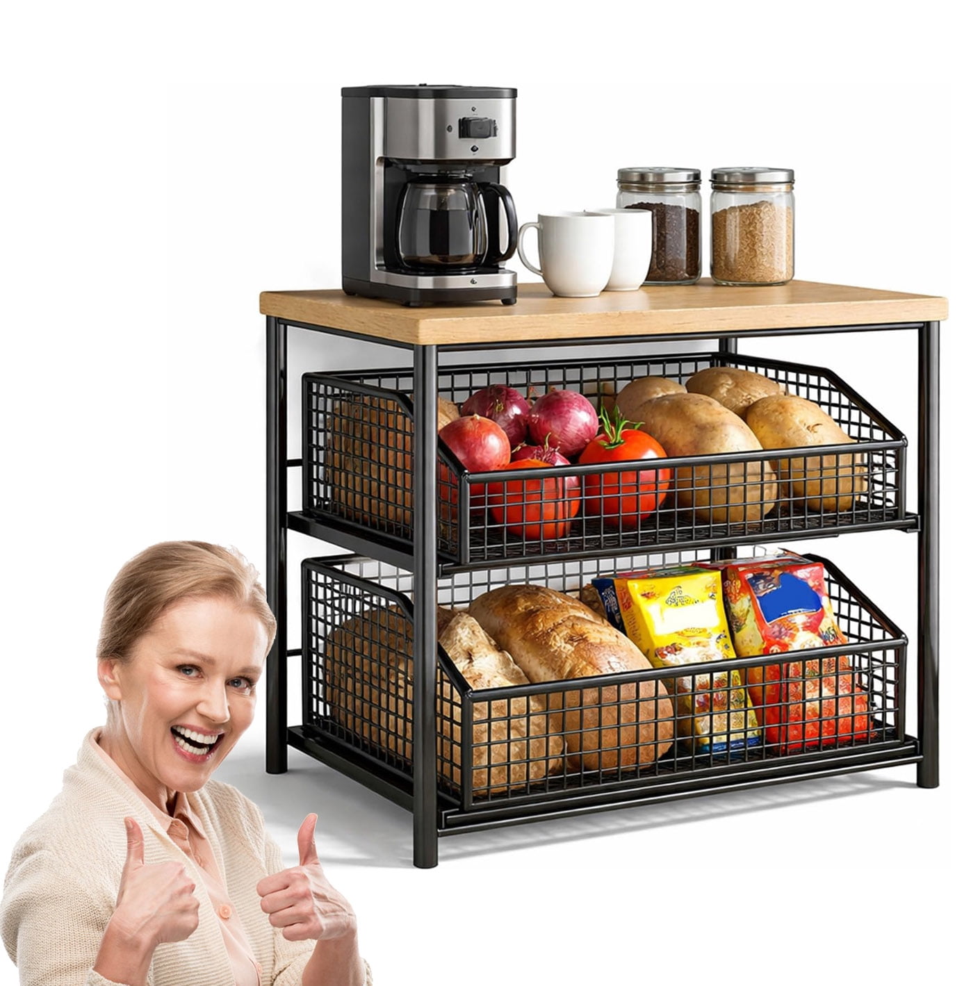 Kitchen Countertop Organizer with Drawer & Wire Basket, 2/3-Layer Fruit Storage Basket Snack Rack Hardwood, Desktop Pull-Out Metal Organizers for Coffee Maker Microwave Toaster & Spices