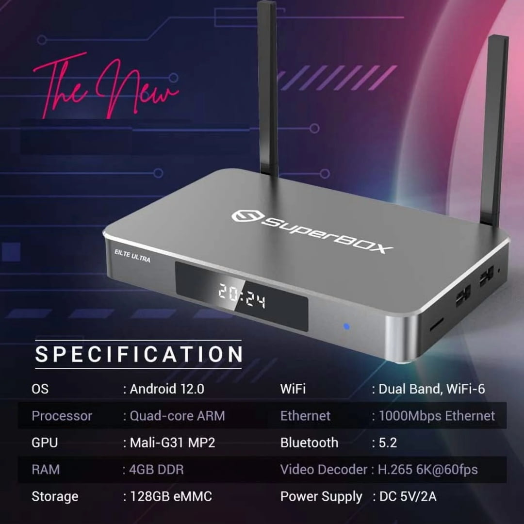 Latest S6 Ultra Super Box 2025 Fully Loaded, Built-in Voice Control System, 4G RAM+128G ROM Superbox with Time Shift, Premium 6K, Easy Setup Guide 1000M Ethernet Port Super Box with Voice Remote