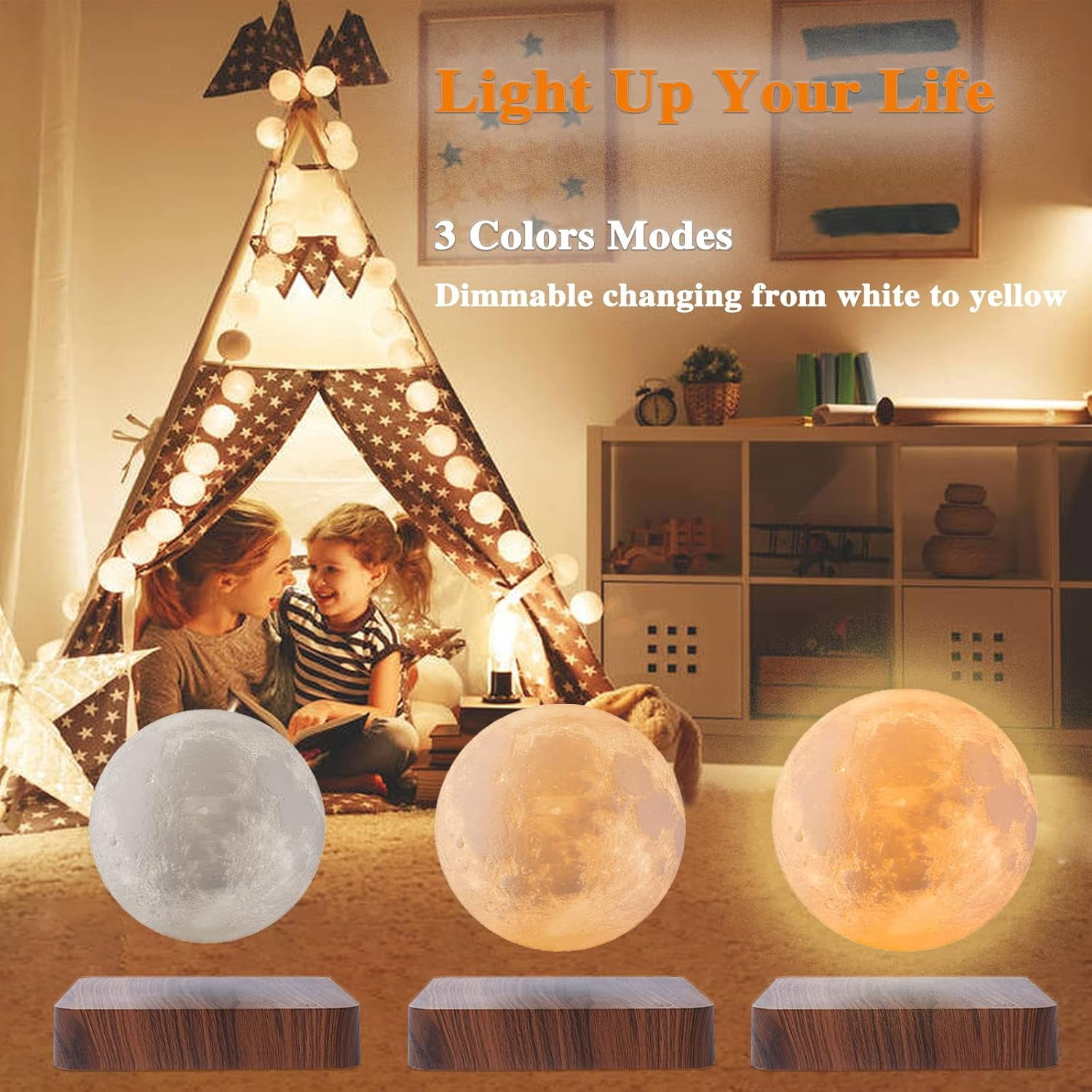Levitating Moon Lamp, Magnetic Floating Moon Lamp Spinning Luna Night Light with 3 Color Modes, for Home Office Desk Decor, Bedroom Unique Lamps, Cool Tech Gadgets Gift for Women Kids