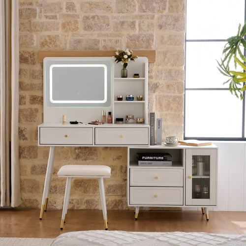 Vanity Desk with LED and Power Outlet, Retractable Makeup Table 3-Color Lights & Modular Cabinet, Modern Dressing Station Gift for Women, White