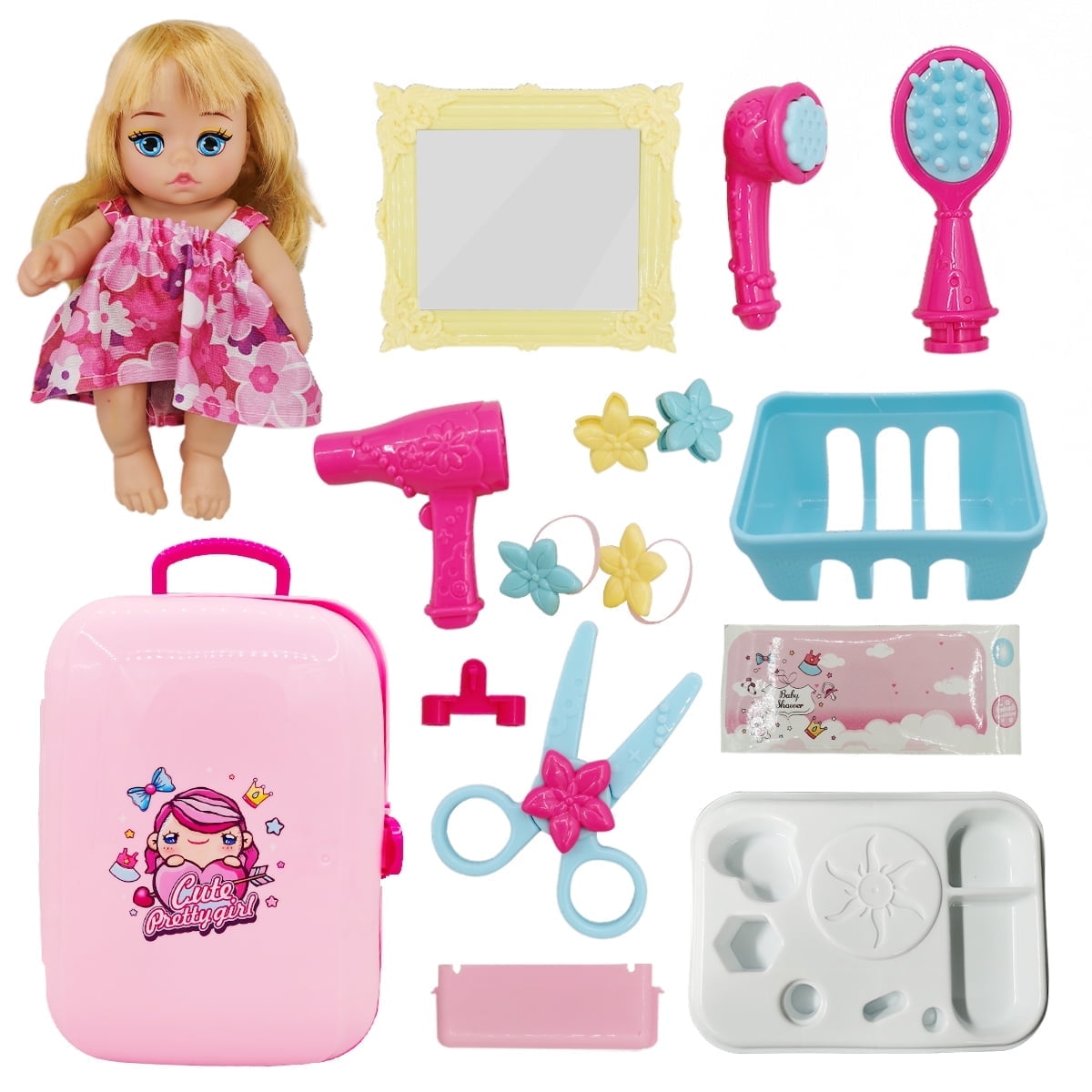 Rirool Little Princess Doll Dressing Backpack & 16-Piece Accessories Set, Pretend Play Bath & Shower Kit for Girls Toddlers, Ideal Birthday Gift for Ages 3+