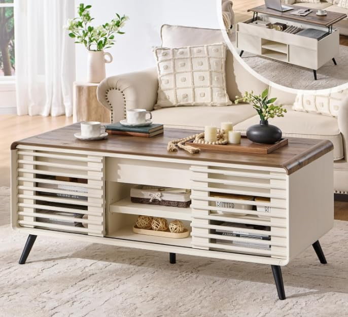 Mid-Century Modern Lift Top Coffee Table with Slatted Door and Hidden Storage