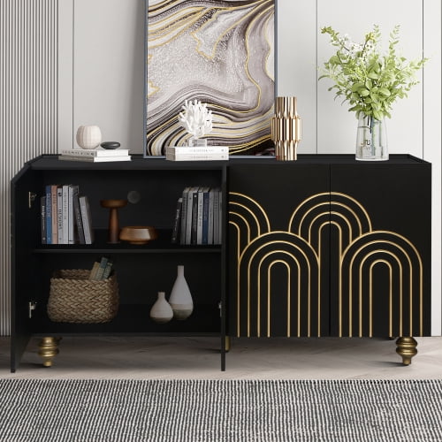 Modern Fluted Sideboard Buffet MDF, 4-Door Storage Cabinet with Adjustable Shelves & Curve Design for Kitchen/Dining/Living Room, Black