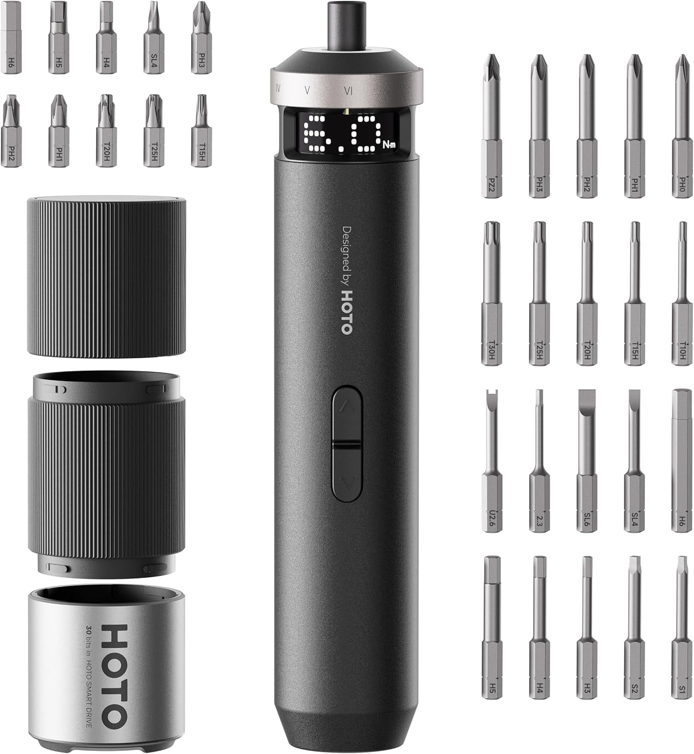 PixelDrive Electric Screwdriver, Smart Display, 6 Torque Settings, 0.5 to 6 N·m, 1/4'' Hex 30 Bits, LED Light, 2000 mAh Rechargeable Cordless Screwdriver Set for Electronics, Gadgets for Men