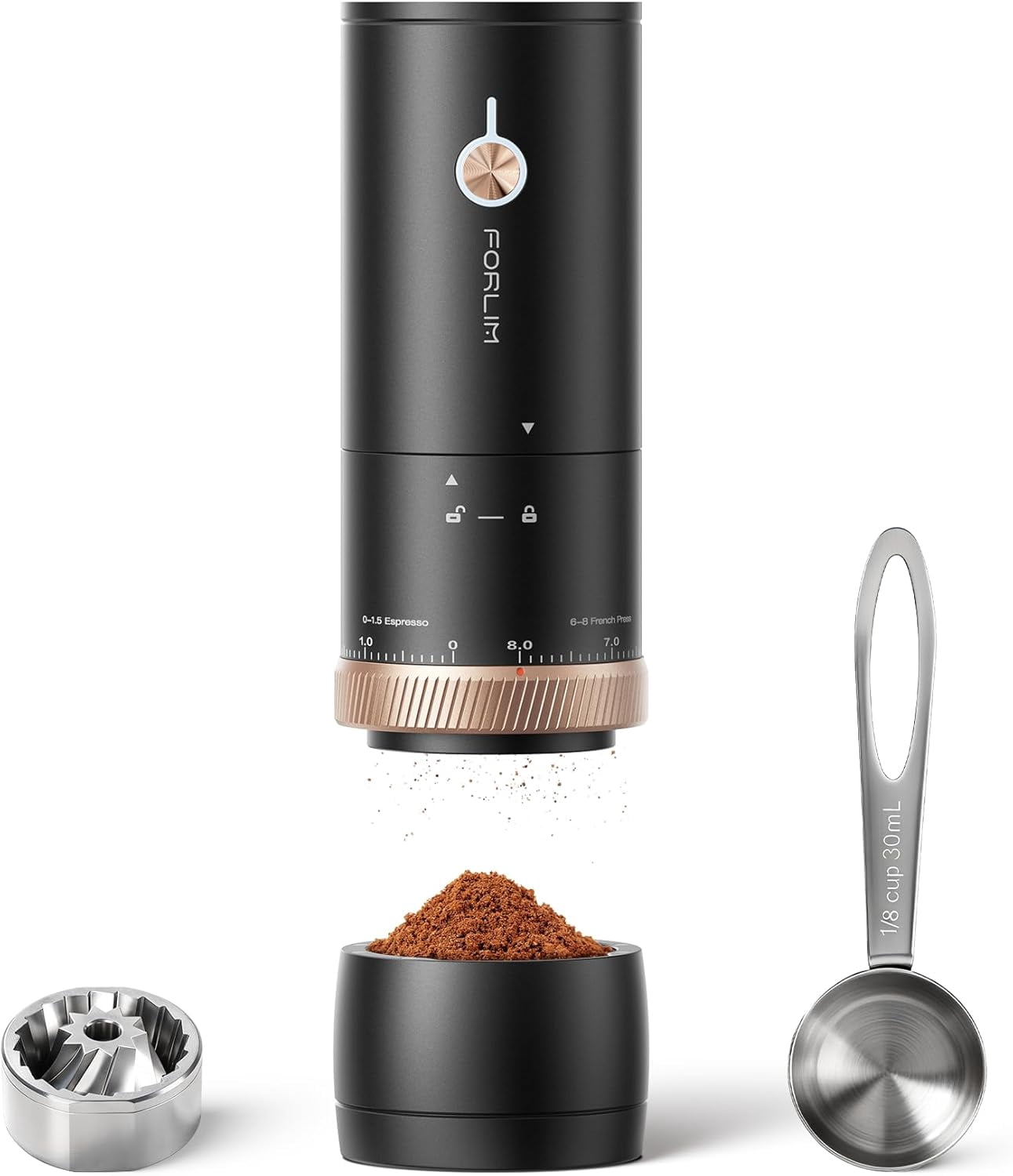 Portable Electric , Cordless Rechargeable Coffee Bean Grinder with 80 Scale Precise Grinding Settings, Double-Click Start, 10-Blade Burr s, Clog‑Protection