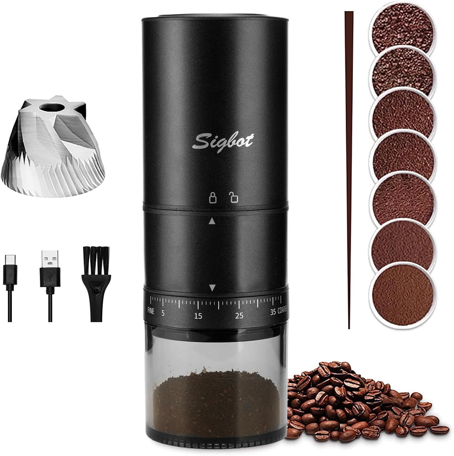 Portable Electric - 38 Grind Settings, Conical Burr & Black Stainless Steel Body, Rechargeable Mill for Espresso, Moka Pot, Ideal for Camping and Travel