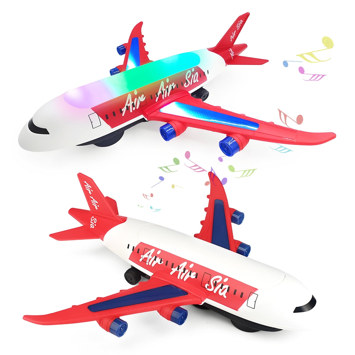 Rirool Airplane Toy for Kids, Crawling Educational Aircraft with LED Lights, Sounds, Bump-and-Go Action, Rotating Liftable Design for Boys & Girls Ages 3-12