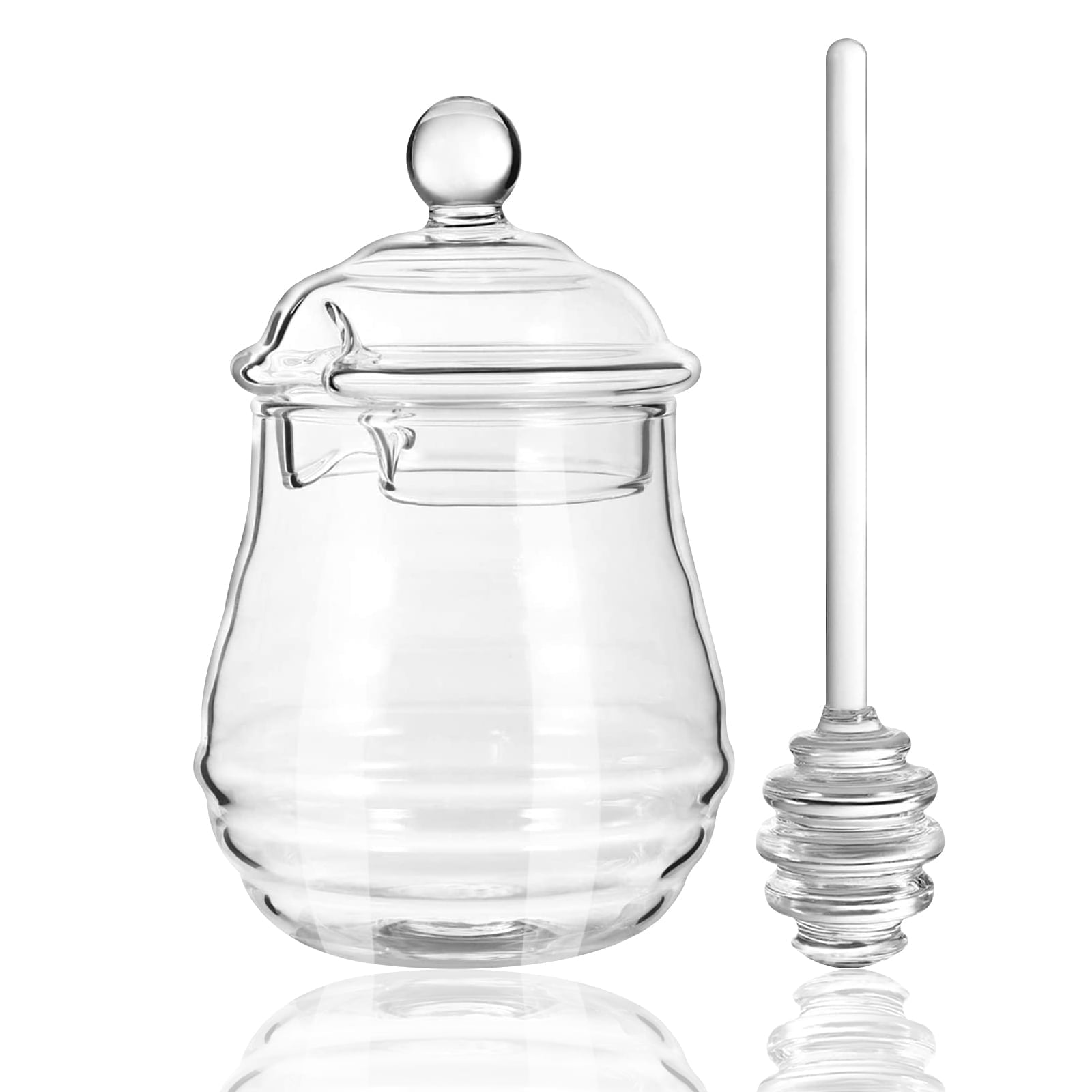 Rirool Clear Honey Jar with Dipper and Lid, 8.4 oz Borosilicate Glass Beehive Honey Pot Container, Stylish Honey Dispenser for Home Kitchen, Store Honey, Syrup, and More