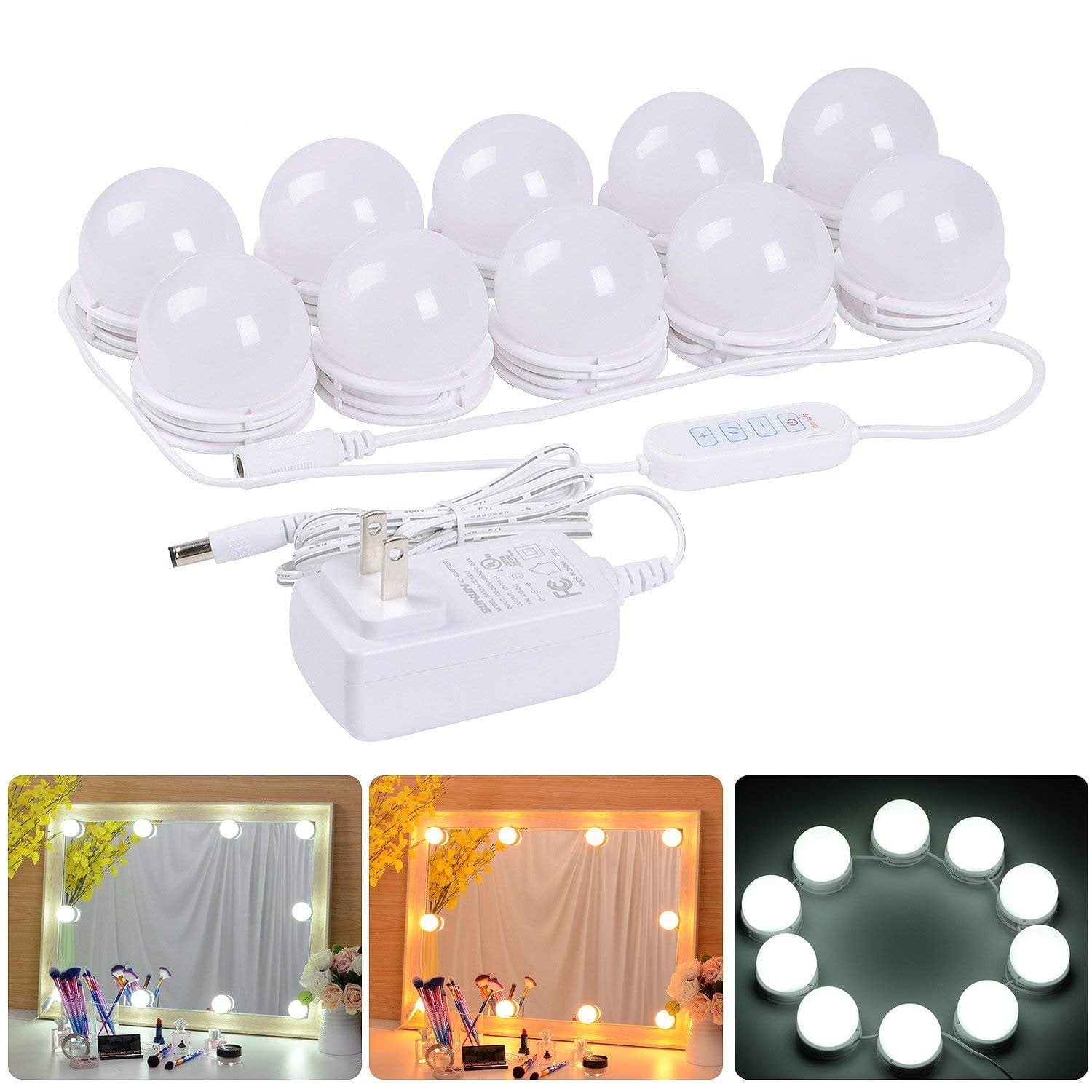 Rirool Hollywood Vanity Mirror Lights - 10 Dimmable LED Bulbs, 3 Colors (White/Natural/Warm), 5 Brightness Levels, USB Powered, Stick-On with 3M Tape for Makeup