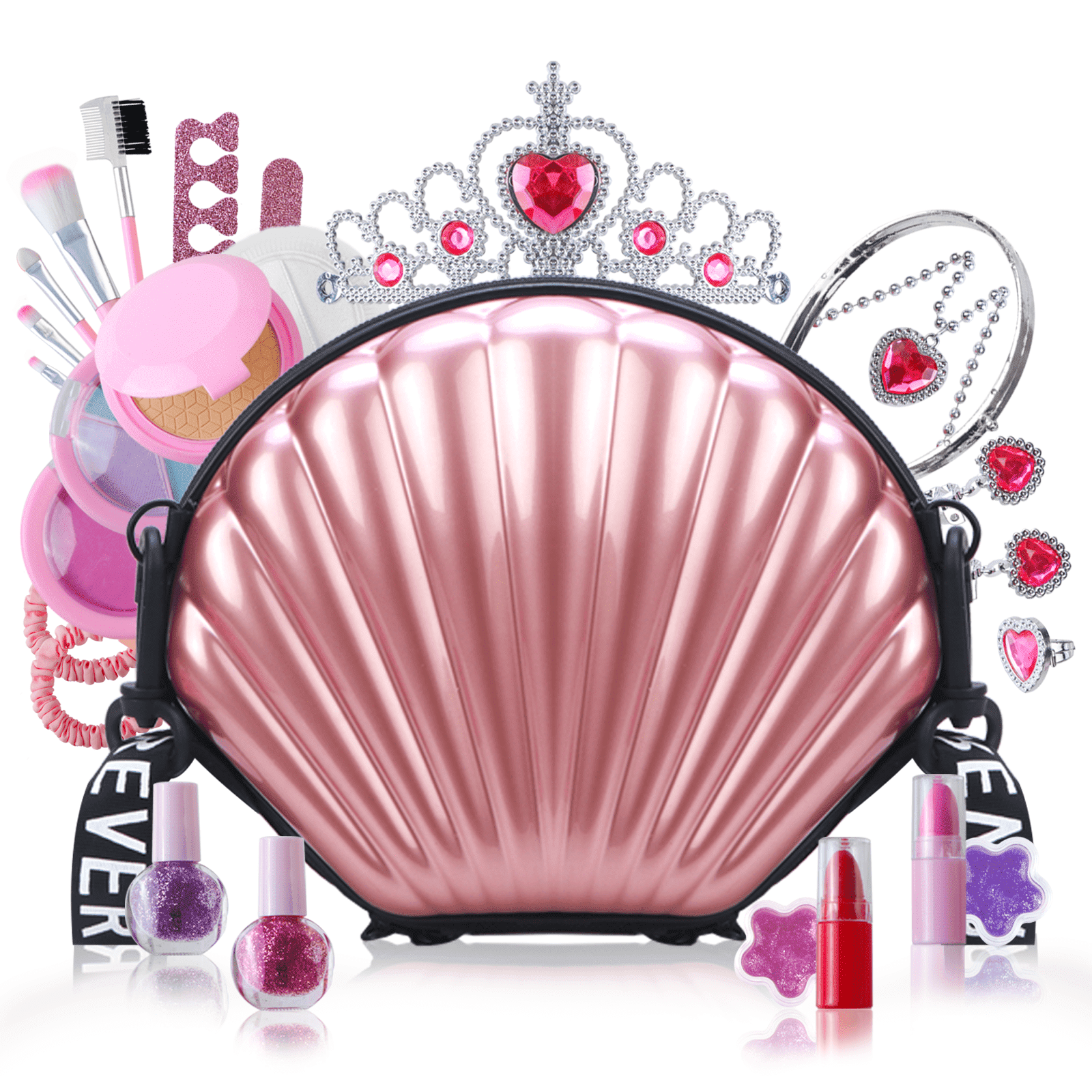 Rirool Girls Makeup Kit – Washable Play Cosmetics with Pink Seashell Bag, Nail Stickers, Lipsticks, Eyeshadow & Brushes, Ages 3-10