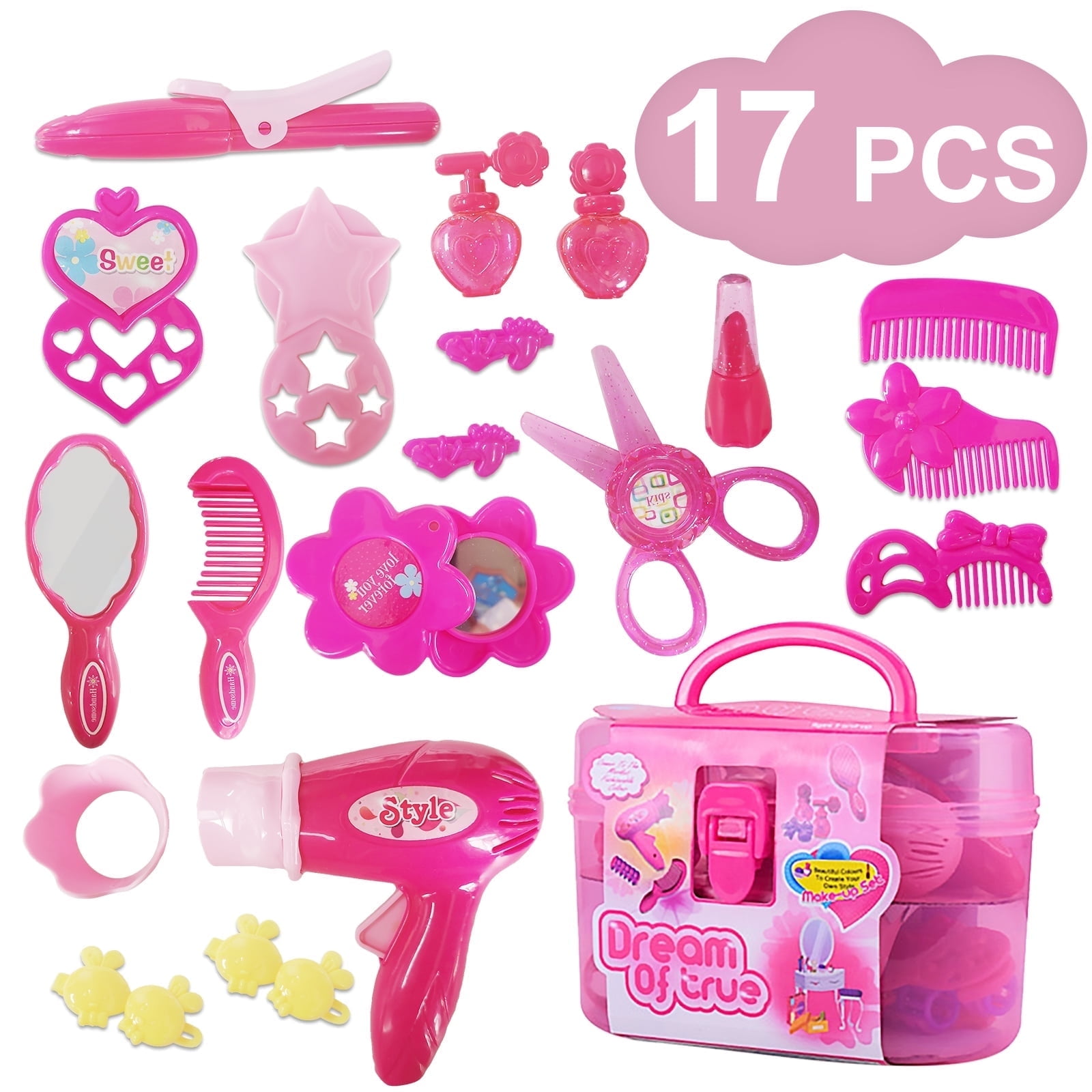 Rirool Little Girl Pretend Play Makeup & Hair Station Set with Case - Beauty Salon Toy Kit for Ages 1-4