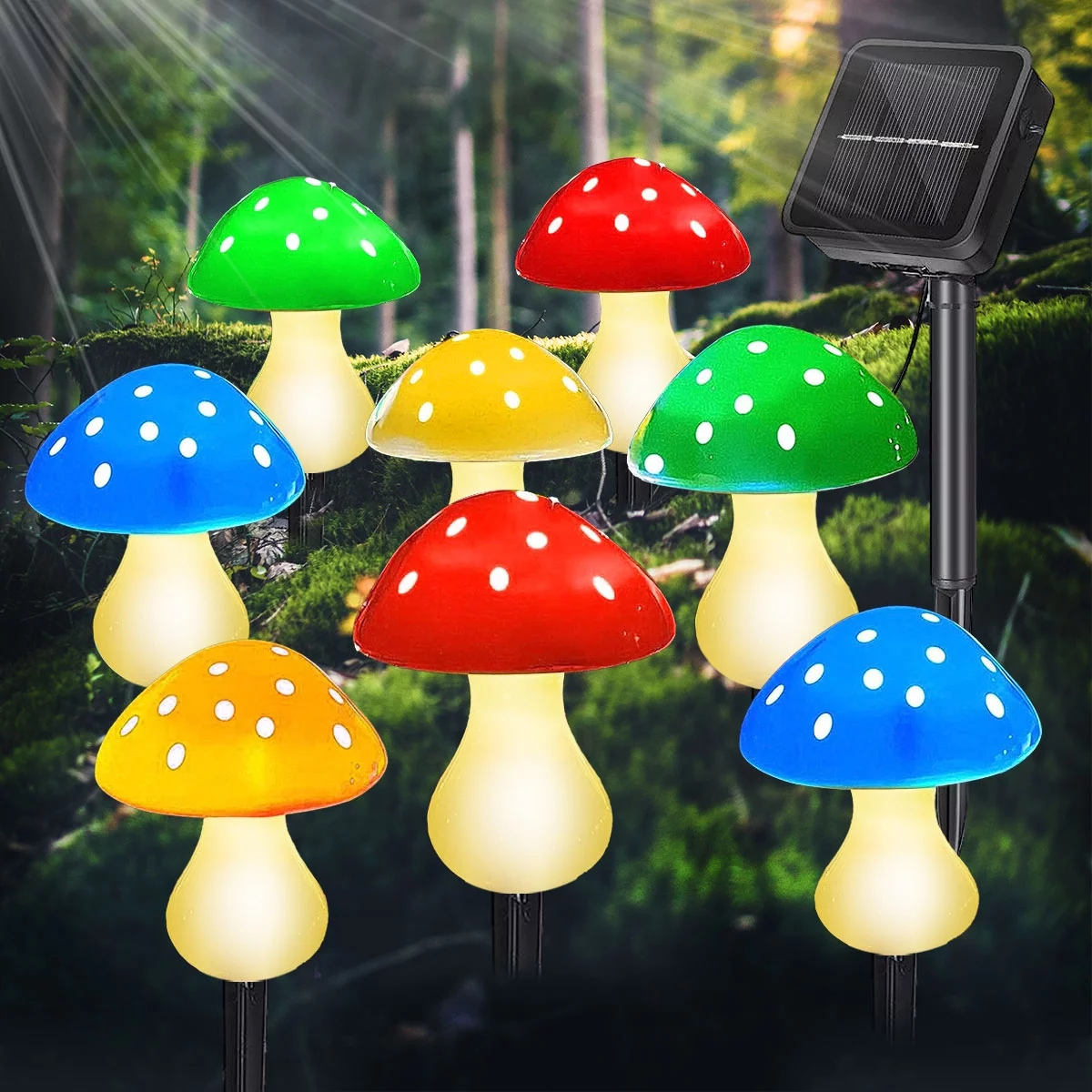 Rirool 8 Pack Solar Mushroom Lights Outdoor, 23ft Multicolor LED Fairy String Lights with 8 Modes, IP65 Waterproof for Garden Patio Yard Decor