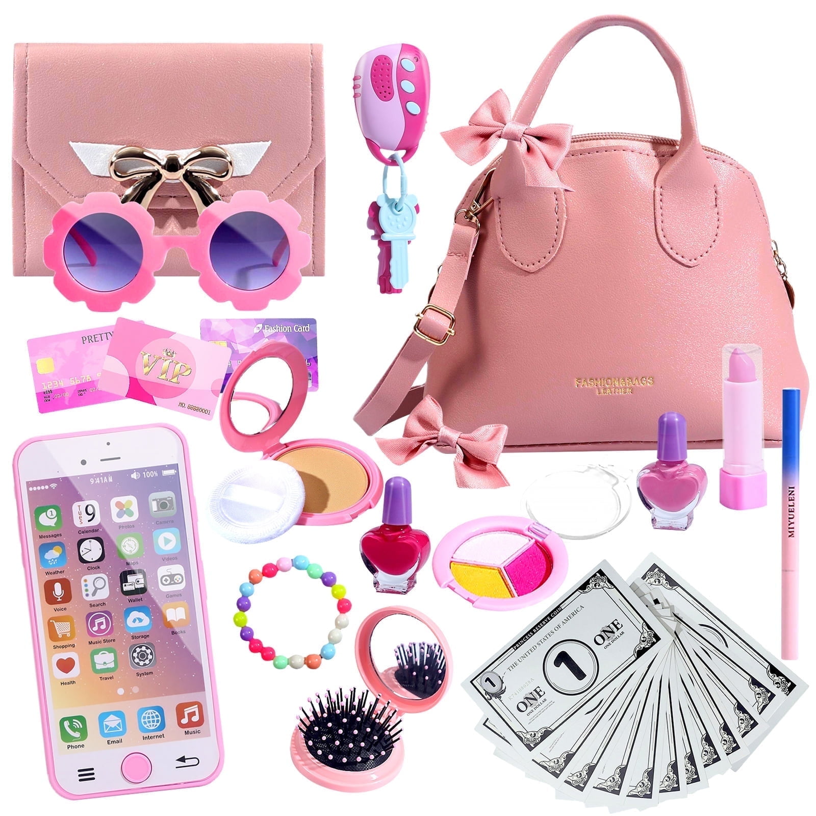 Rirool Princess Themed Play Purse - 31 Piece Toy Set with Handbag, Pretend Makeup, Smartphone, and More - Perfect for Girls' Role-Playing - Ages 3-8+