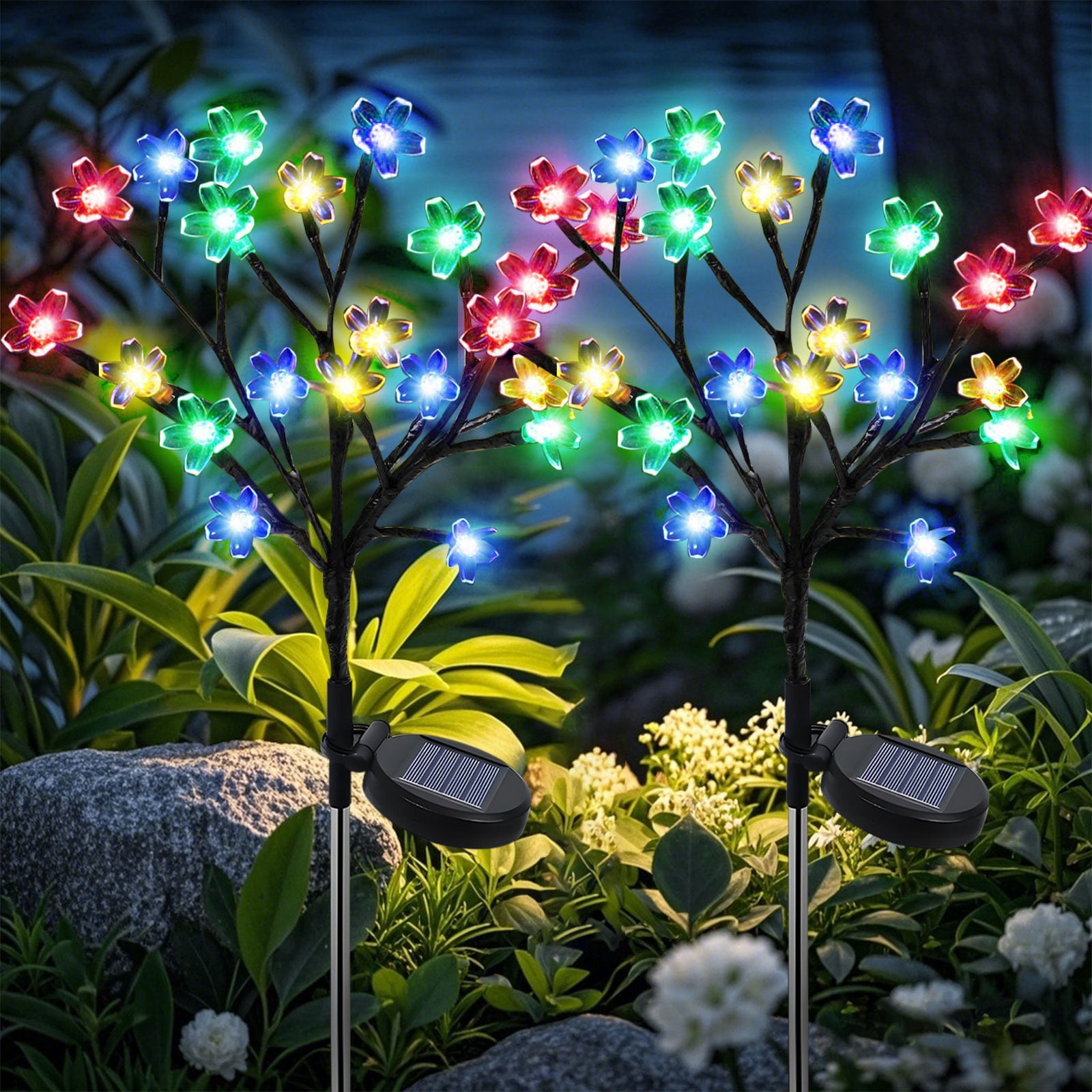 Rirool Solar Flower Lights, 20 Cherry Blossom LED Solar Garden Lights, 2-Pack Waterproof Multi-Color Outdoor Lights for Pathway, Yard, Patio, and Christmas Decoration