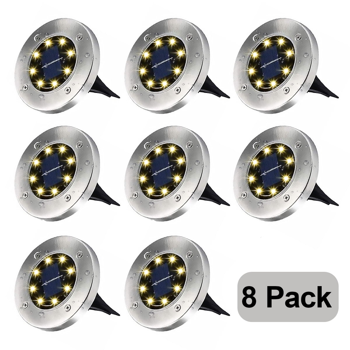 Rirool Solar Ground Lights, 8 LED Outdoor Waterproof Garden Pathway Lighting - Warm White 8 Pack
