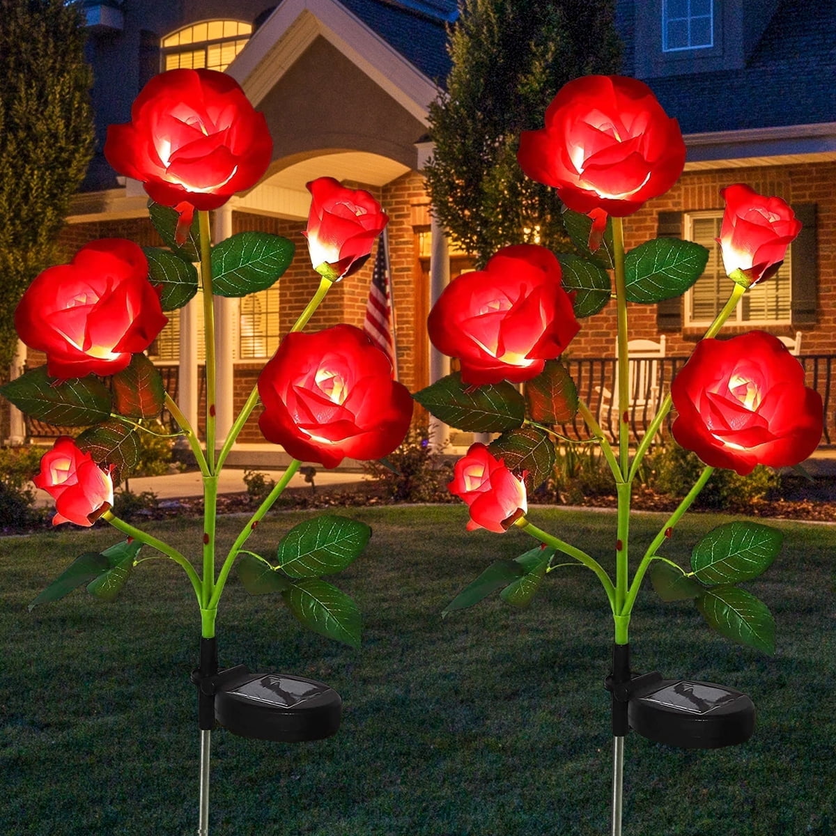 Rirool 2-Pack Solar Rose Flower Stake Lights, 10 Waterproof LED Flowers for Outdoor Garden, Pathway, Patio, Yard Decoration, Blue - Red