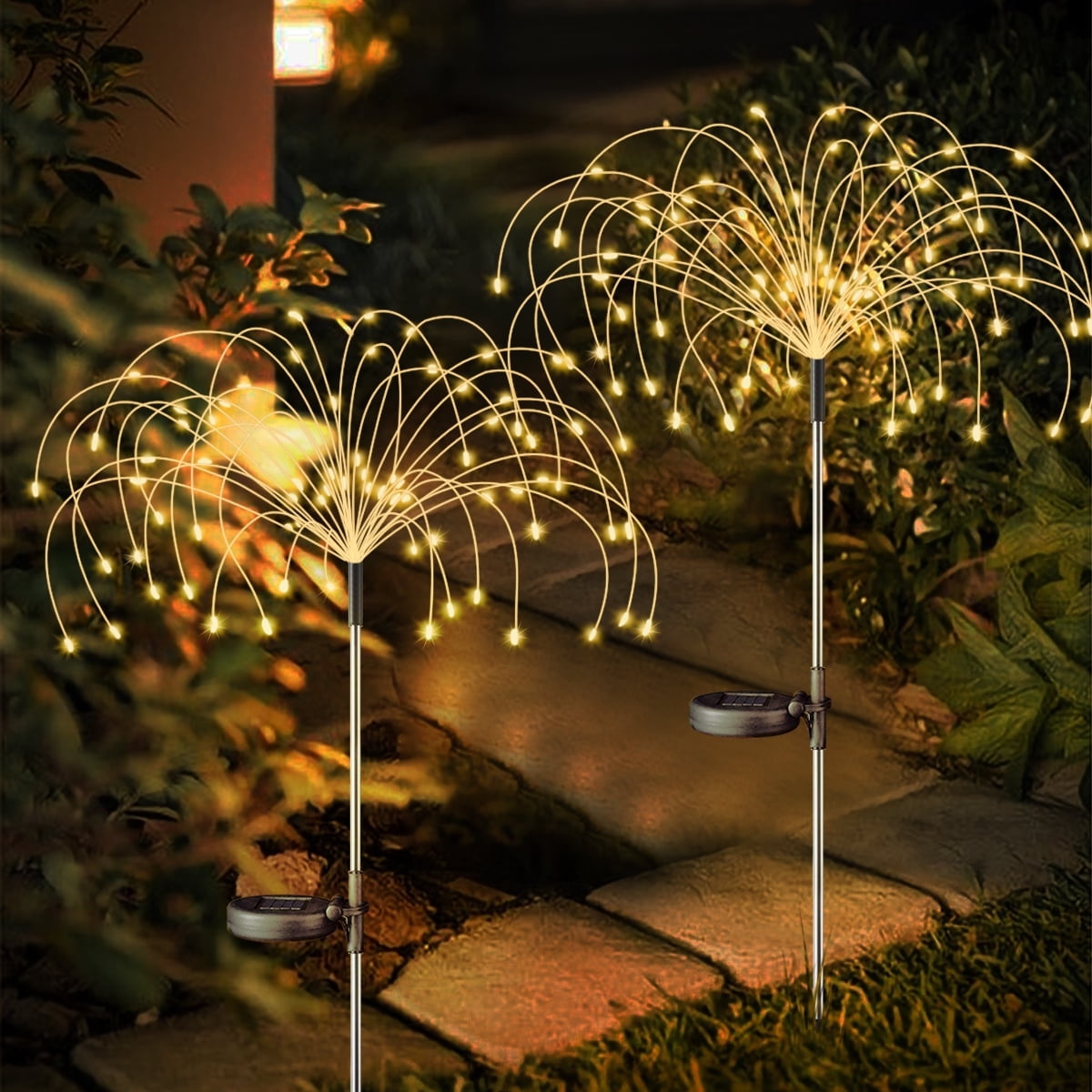 Rirool 2 Pack Solar Firework Lights, 120 LED Outdoor Garden Lights, Waterproof IP65 Pathway Yard Decor, DIY Copper Wire, Auto On/Off, Warm White