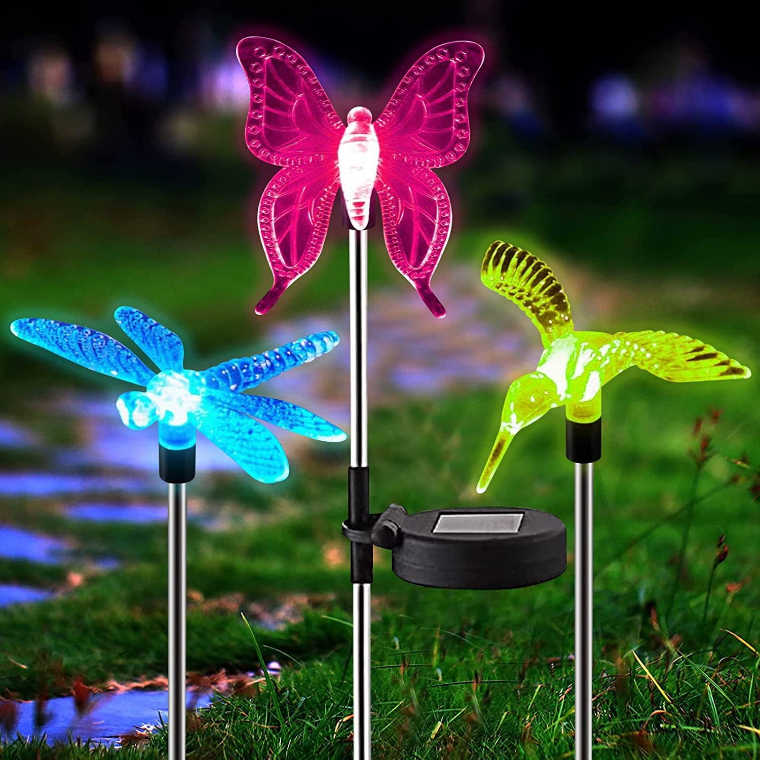 Rirool 3 Pack Solar Lights Outdoor, Multi-Color Changing LED Garden Stake Butterfly Dragonfly Hummingbird Lights