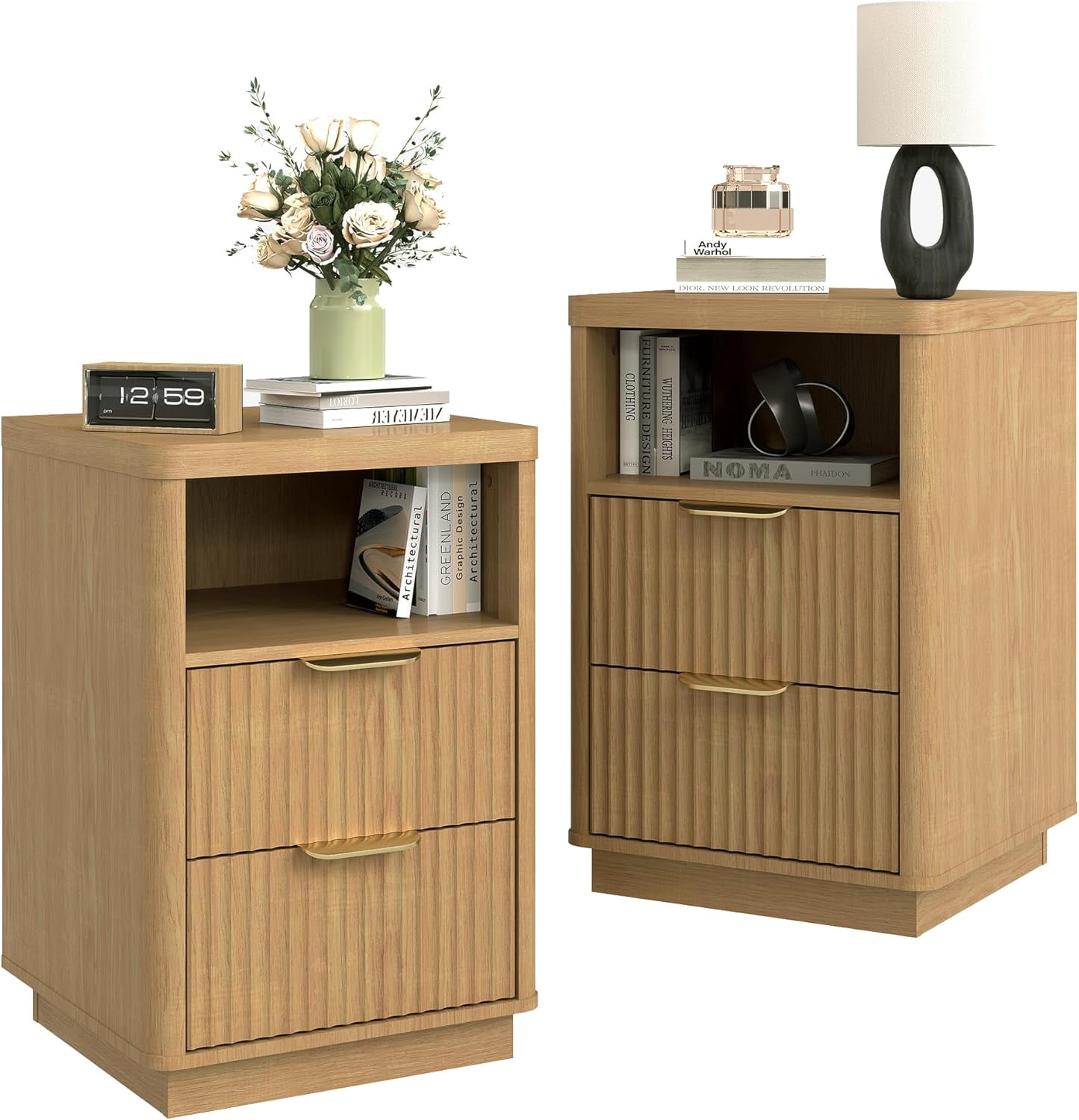 Set of 2 Natural Oak Fluted Nightstands with Drawers and Metal Handles, 15.7-Inch Wooden Bedside End Tables for Bedroom