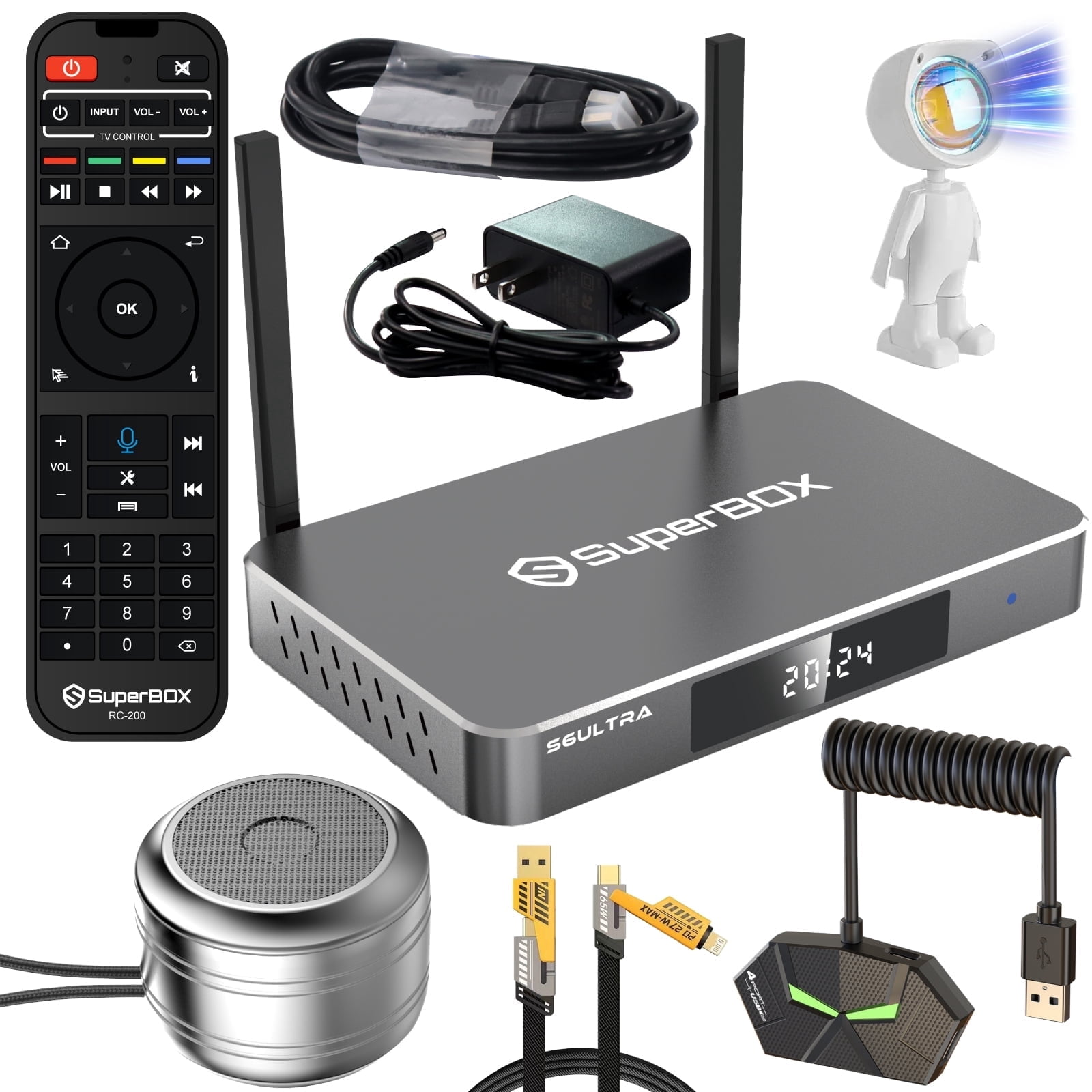 S6 Ultra SuperBox 2025 Latest Version,with Voice Remote,4GB+128GB,2025 Newest Super Stable Box,Sunset Lamp*1,Portable Audio*1,2T2R,Quad-Core,6K HDMI,Perfect for Movies and Sports Programs