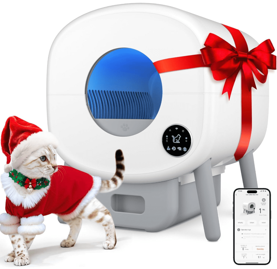 Sleek White & Grey Automatic Cat Litter Box with Garbage Bags for Effortless Maintenance