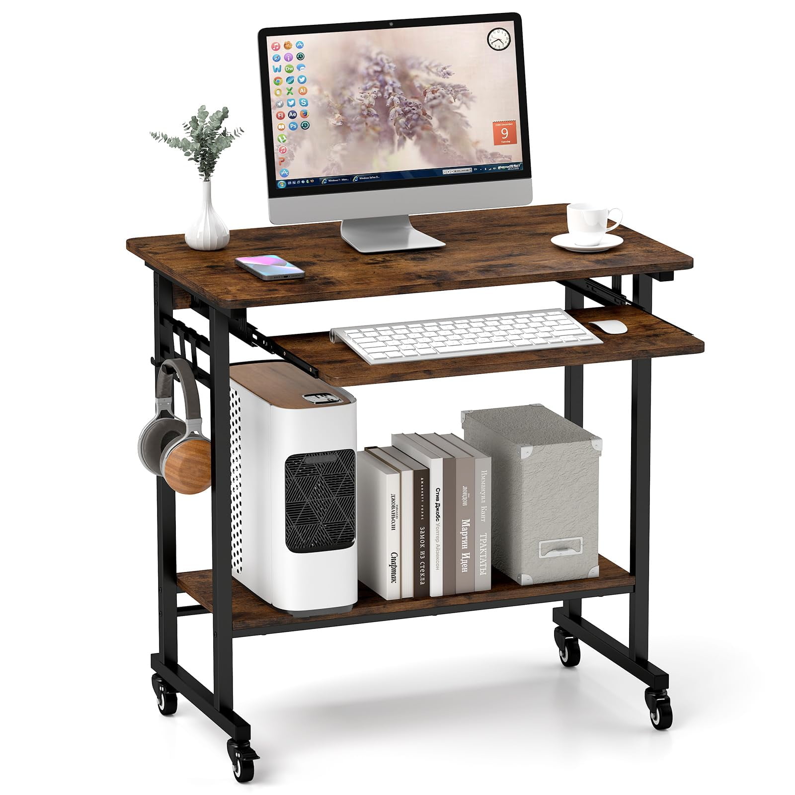 Small Rolling Computer Desk with Keyboard Tray, Portable Laptop Cart with CPU Stand & 3 Hooks, Space-Saving Workstation for Home Office