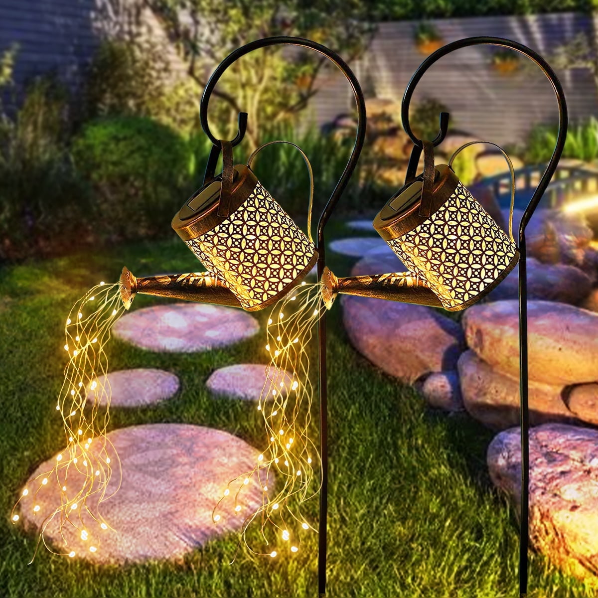Rirool 2 Pack Solar Watering Can Lights, Waterproof Outdoor LED Garden Decor, Hanging Solar Waterfall Lights for Patio, Yard, Trees, Romantic Fairy Lights