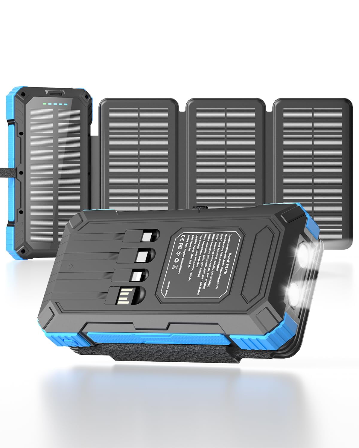 Solar Power 49800mah With 4 Built-in Cables & 3 Foldable Panels Pd22.5w Fast Portable Phone External Pack Usb-c In/output Flashlight For Outdoor Camping
