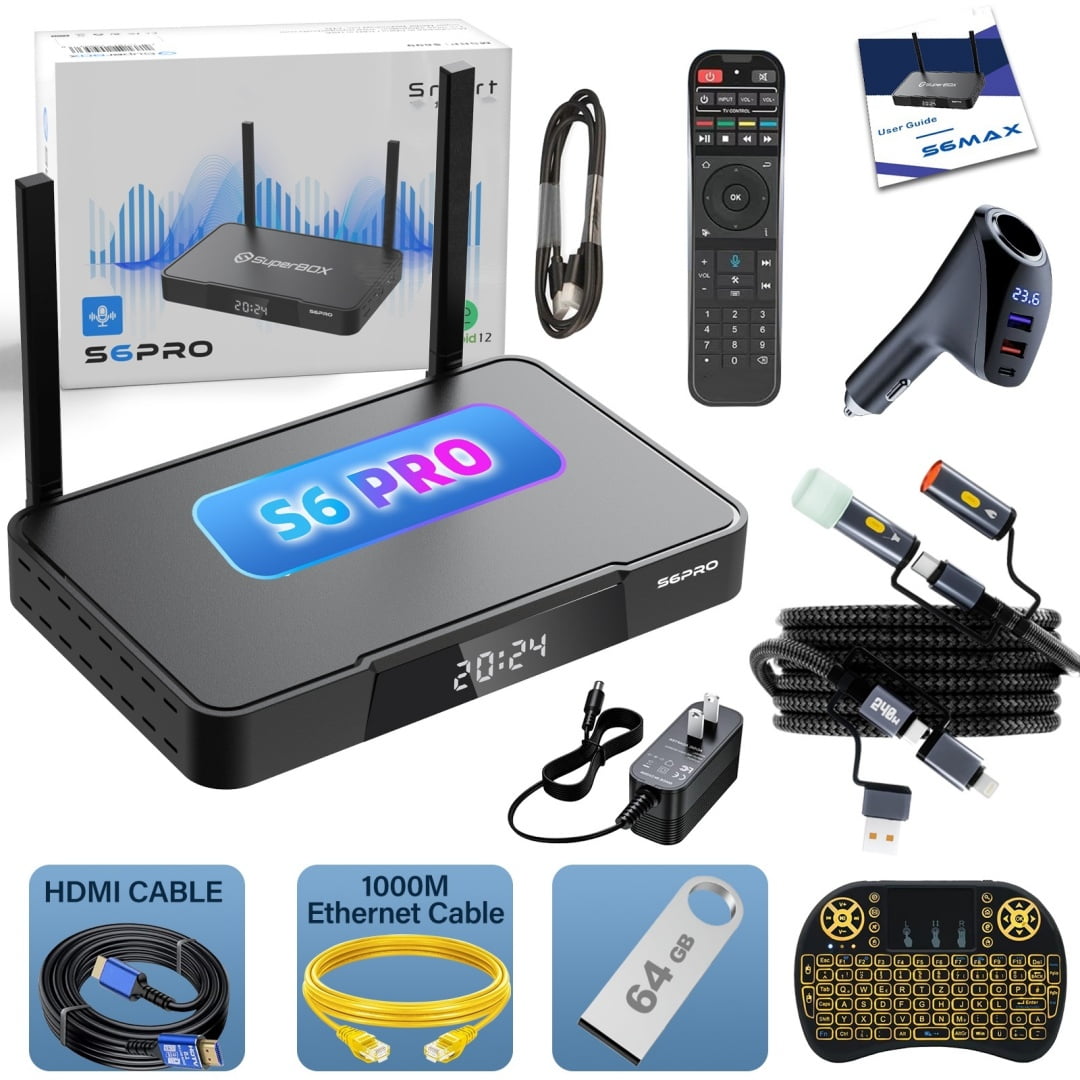 SuperBox S6 PRO Fully Loaded,2025 Newest Pack,4G+64G Powerful Smart Box,with Voice Remote,Easy Setup GudieIdeal for Home