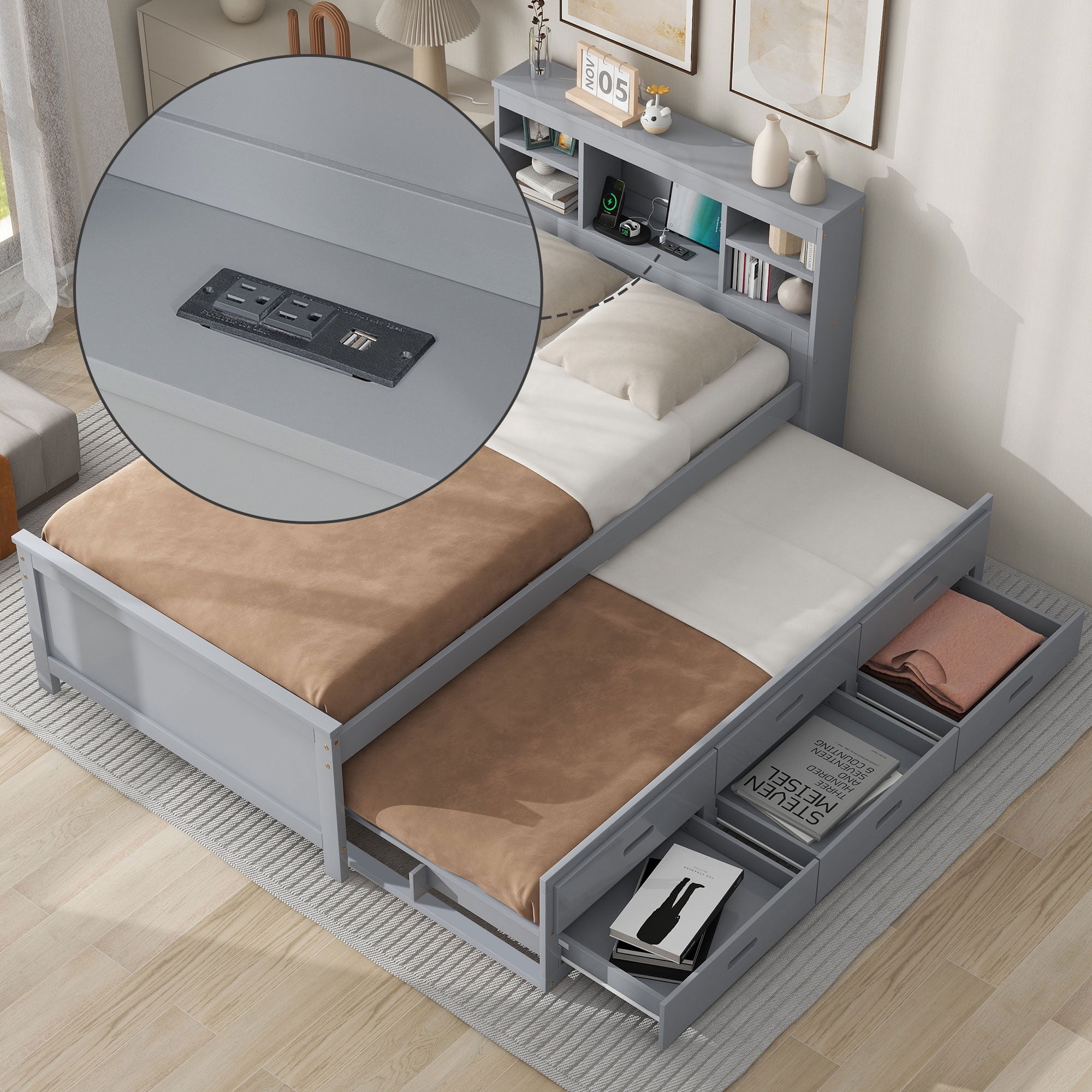 Twin Size Storage Platform Bed with Trundle & USB - Solid Wood Frame, Gray, No Box Spring Needed, Perfect for Bedroom Space Saving