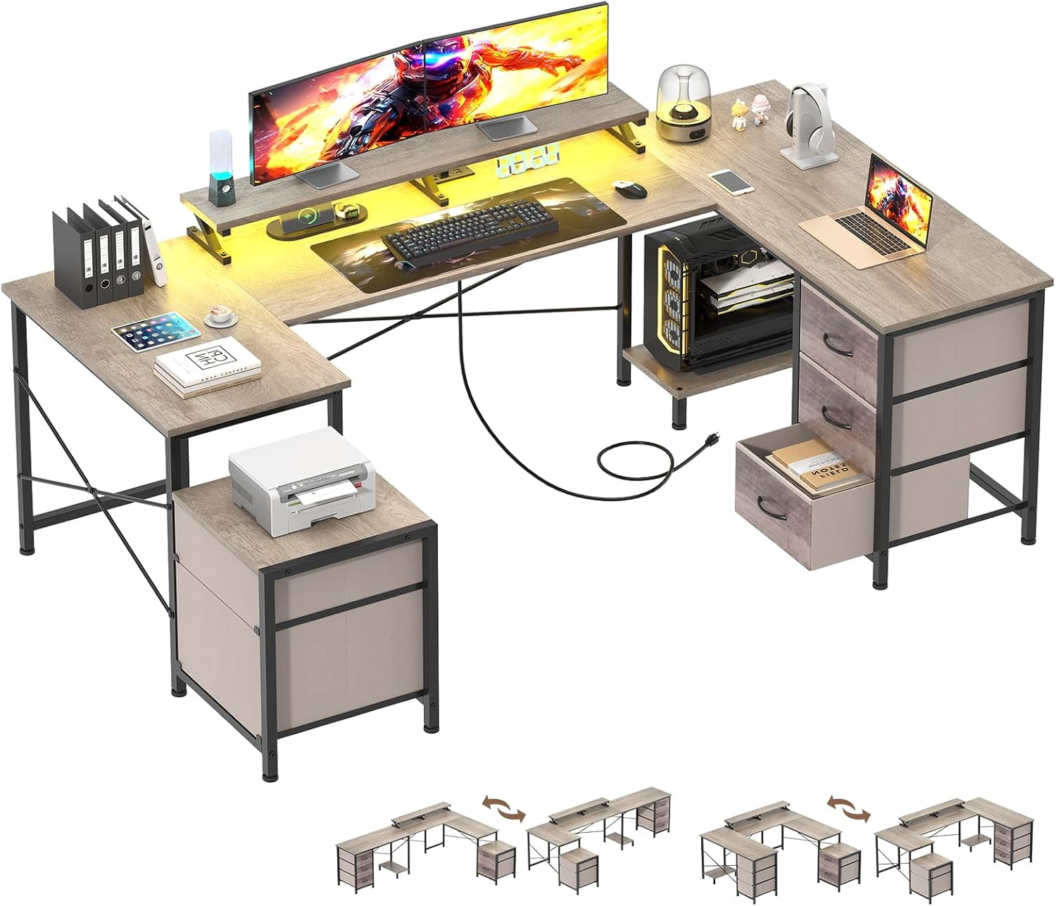 U Shaped Gaming Desk, Reversible L Shaped Computer Office Desk with Fabric Drawers, Monitor Stand, LED Lights, Corner Gamer Desk Table with Power Outlets & USB Ports, Grey