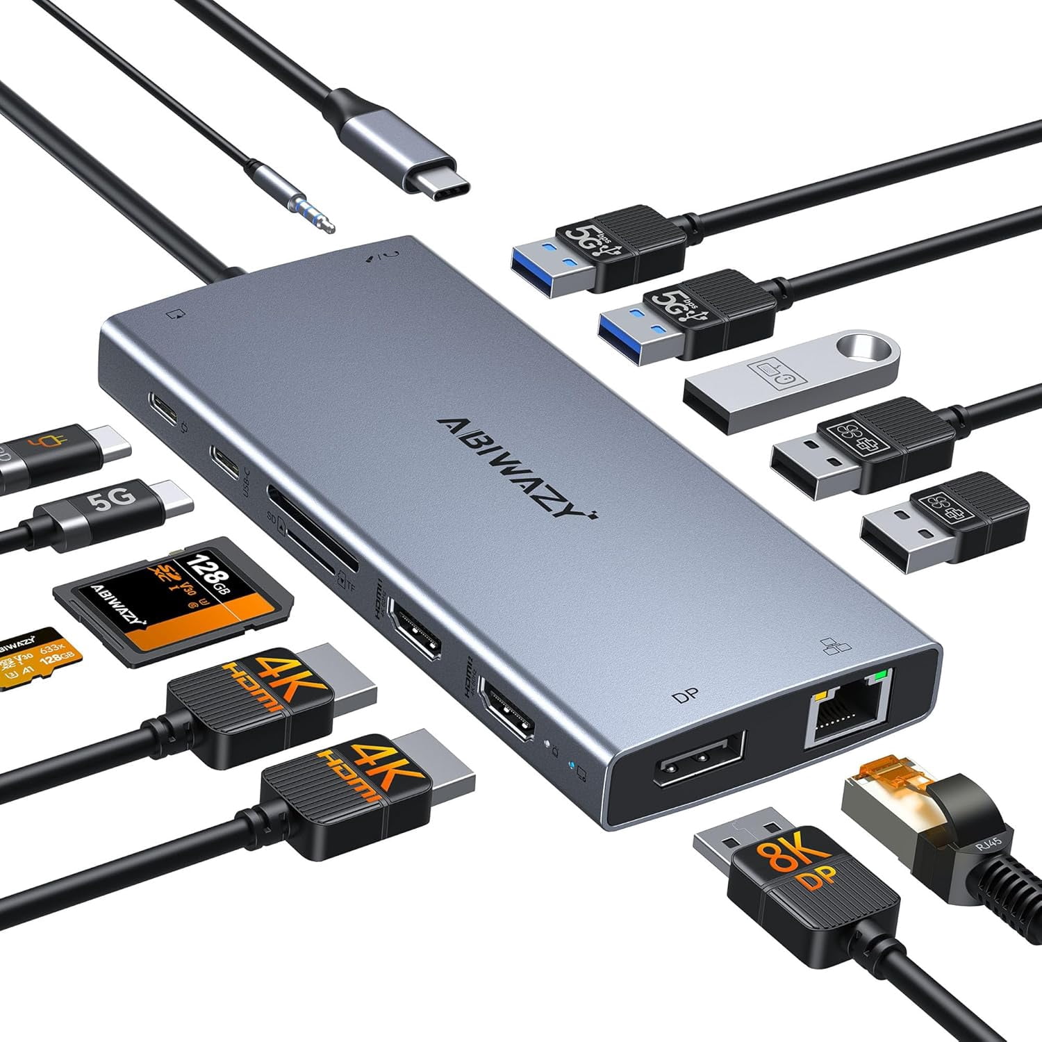 USB C Laptop Docking Station Dual Monitor, 15 in 1 Docking Station 3 Monitors with DP 8K, 2 HDMI 4K, 6 USB A/C Ports, 100W PD, Ethernet, Audio, SD/MicroSD, ABIWAZY USB C Hub for Dell/HP/Lenovo