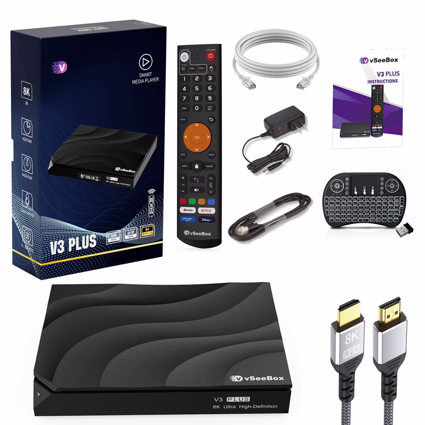 Vsee box V3 Plus Newest Version 2025, Smart TV Box ,with Voice Remote Control, Mini Keyboard,8K HDMI Cable,ethernet cable,4GB RAM, 64GB Storage, new Live Ultra.