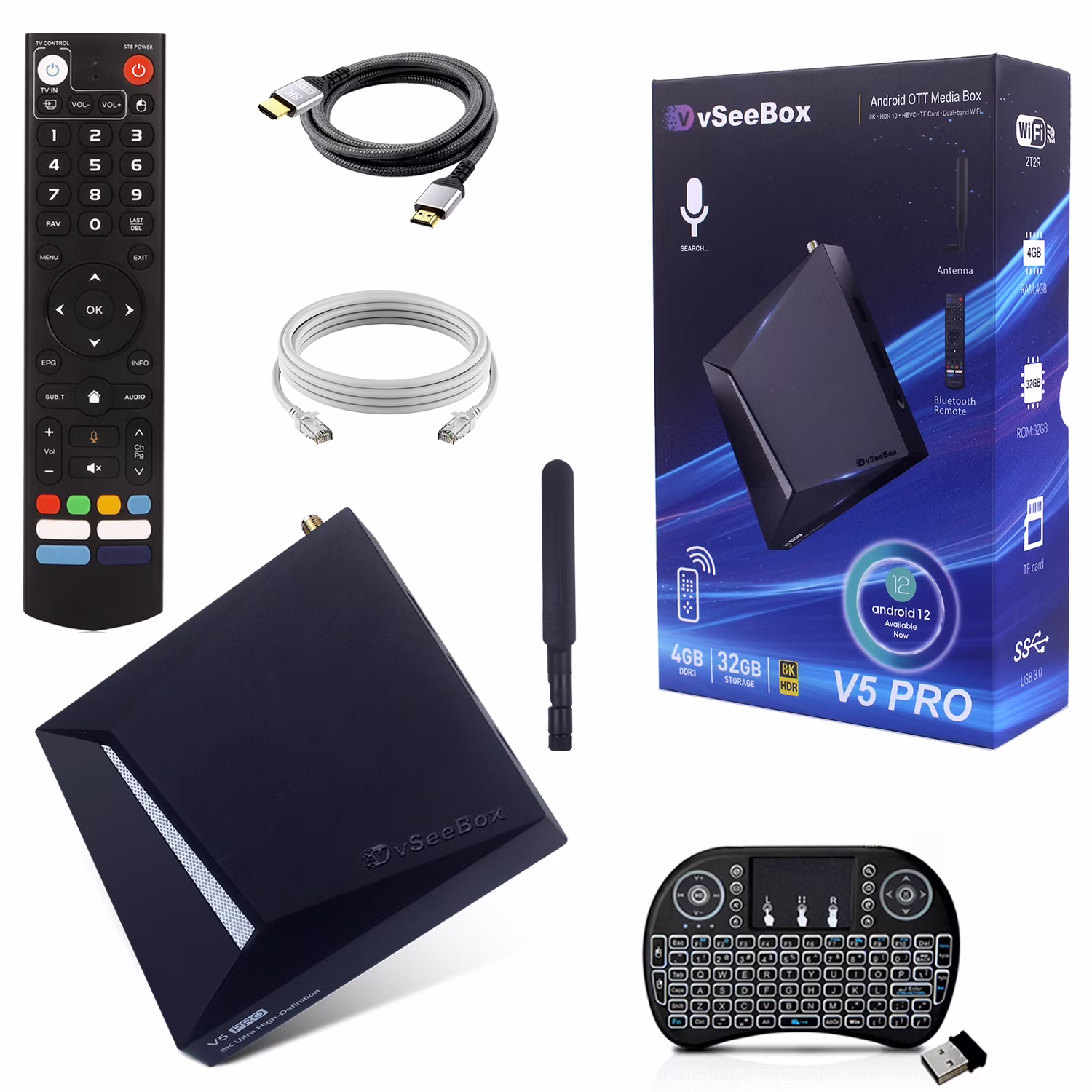 Vseebox V5 Pro Android 12 TV box technology,with Voice Remote Control, RGB Backlit Mini Keyboard,8K HDMI Cable,4GB RAM, 32GB Storage,New Live Ultra, 8K clarity