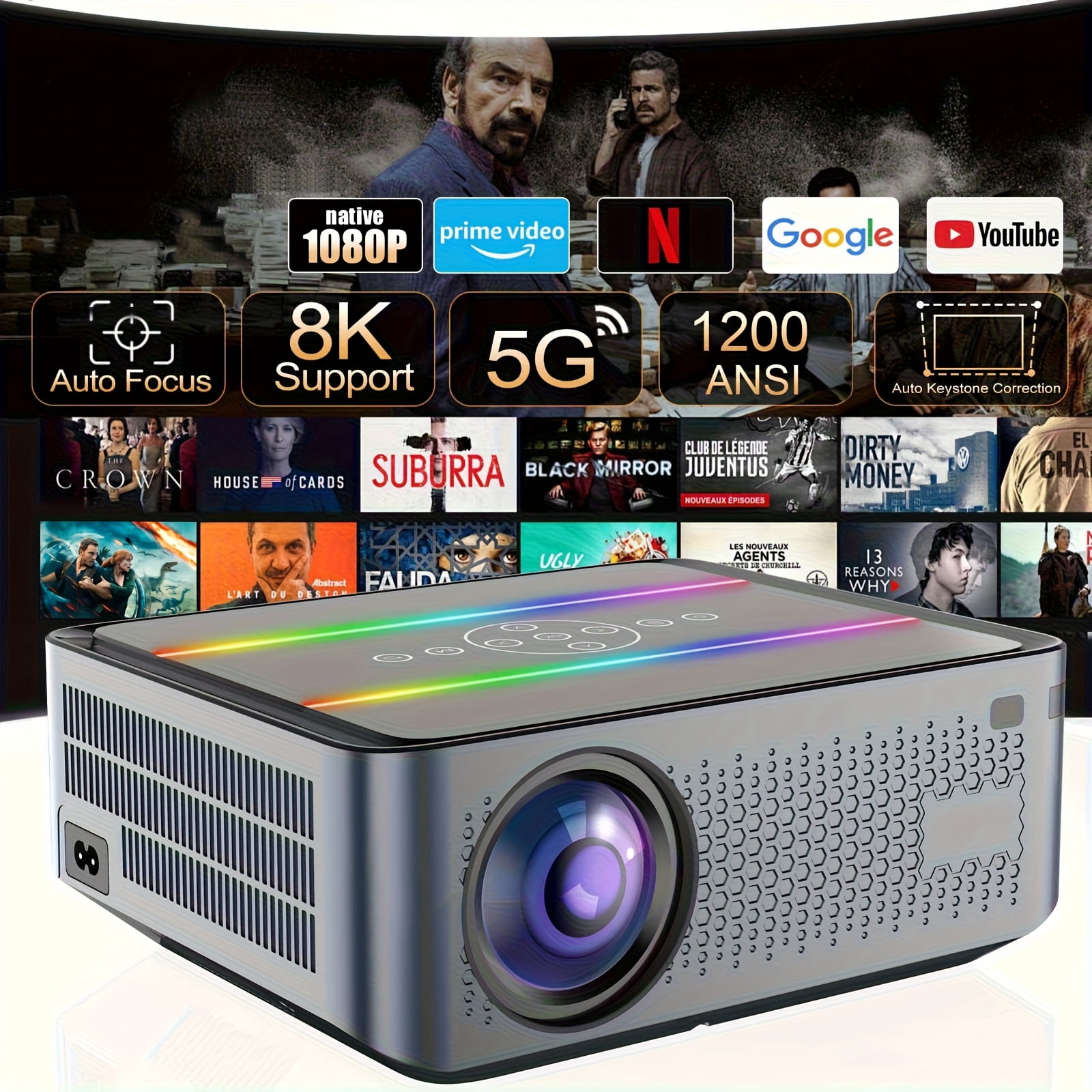 2025 Newest Support 8K HD Projector, 1200ANSI Brightness, Local 1080P Full HD, 5G Wifi Outdoor Home Theater, Auto Keystone Correction, Compatible with PS5, Smartphones And Laptops, Perfect Gift!