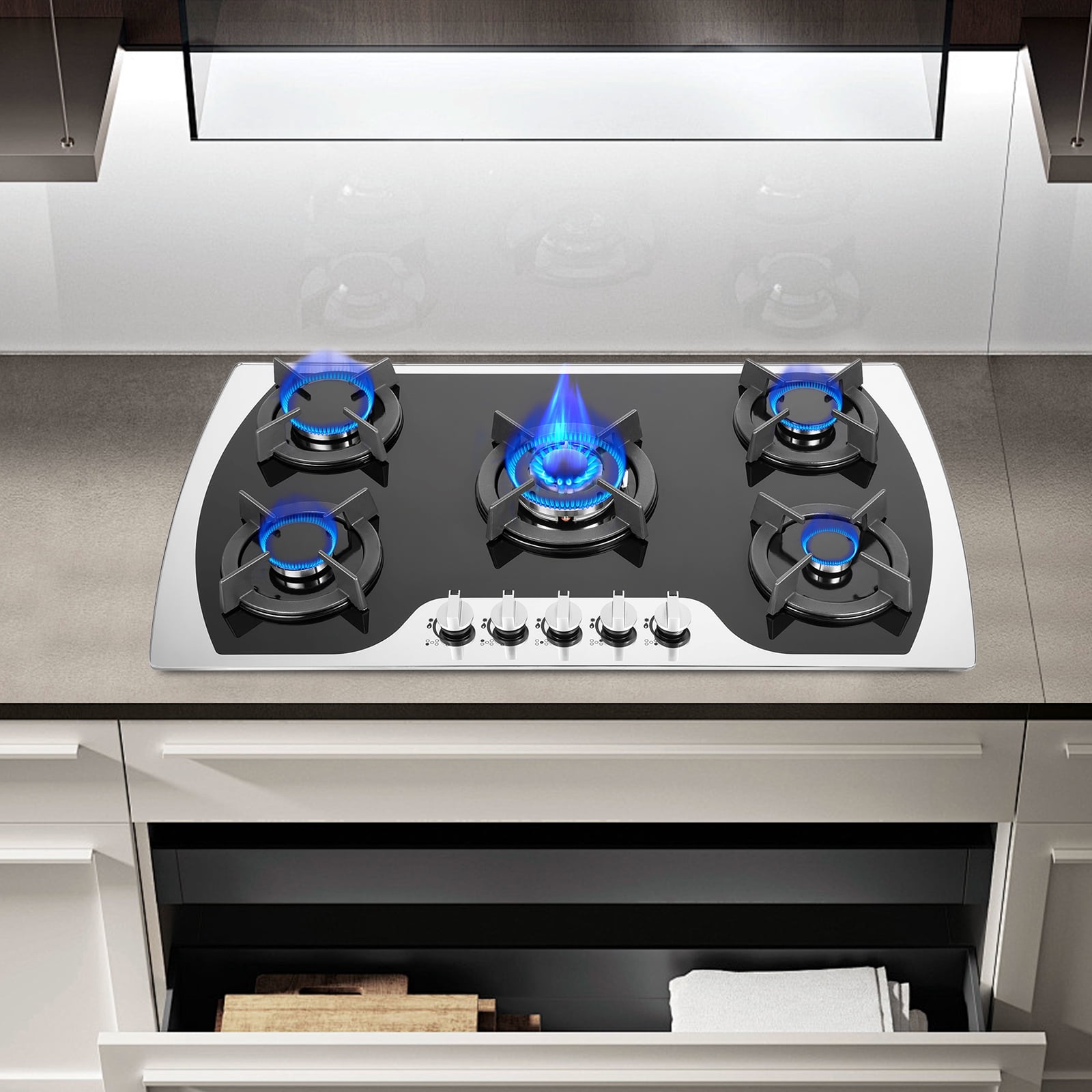 35.4-inch 5-Burner Built-in Gas Cooktop, 3.0kW Powerful Burner & Simmer Burner, Tempered Glass with Cast Iron Grates, Dual Fuel (Natural Gas/LPG) Conversion Kit Included