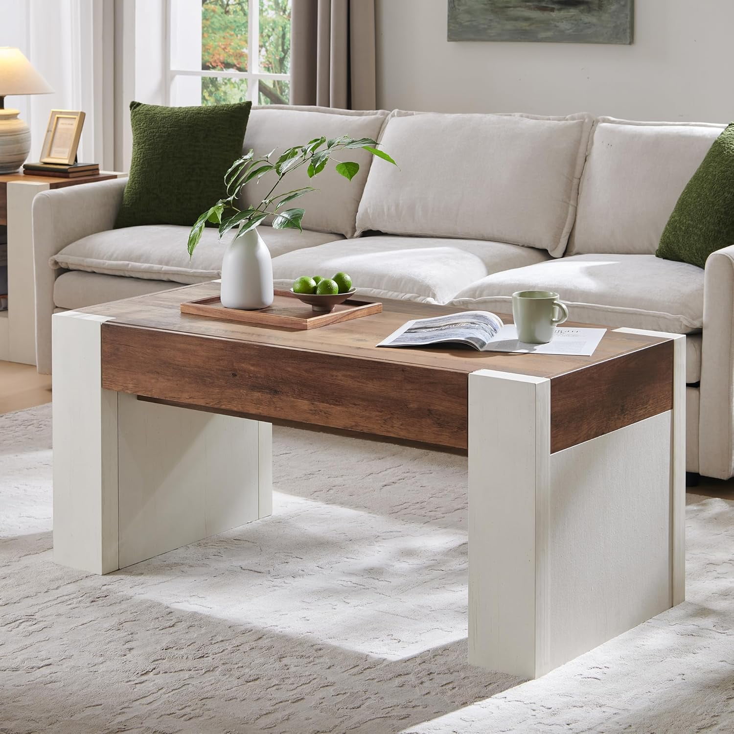 48" Rustic Coffee Table with Hidden Drawer, Rectangular Design, Light Knotty Wood