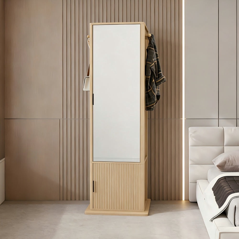 360° Rotating Jewelry Cabinet with Full Length Mirror, Standing Makeup Storage Organizer with Coat Rack