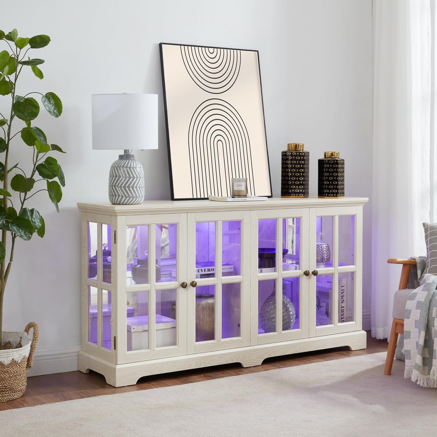 59" W LED Glass Display with 7 Color Lights, Vintage Curio Cabinet with 4 Glass Doors and Adjustable Shelves, Wooden China Case with Smartphone-Controlled for Living Room (White)