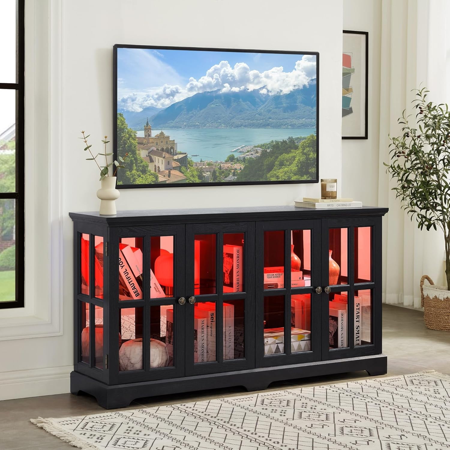 59" W LED Glass Display with 7 Color Lights, Vintage Curio Cabinet with 4 Glass Doors and Adjustable Shelves, Wooden China Case with Smartphone-Controlled for Living Room (Black)