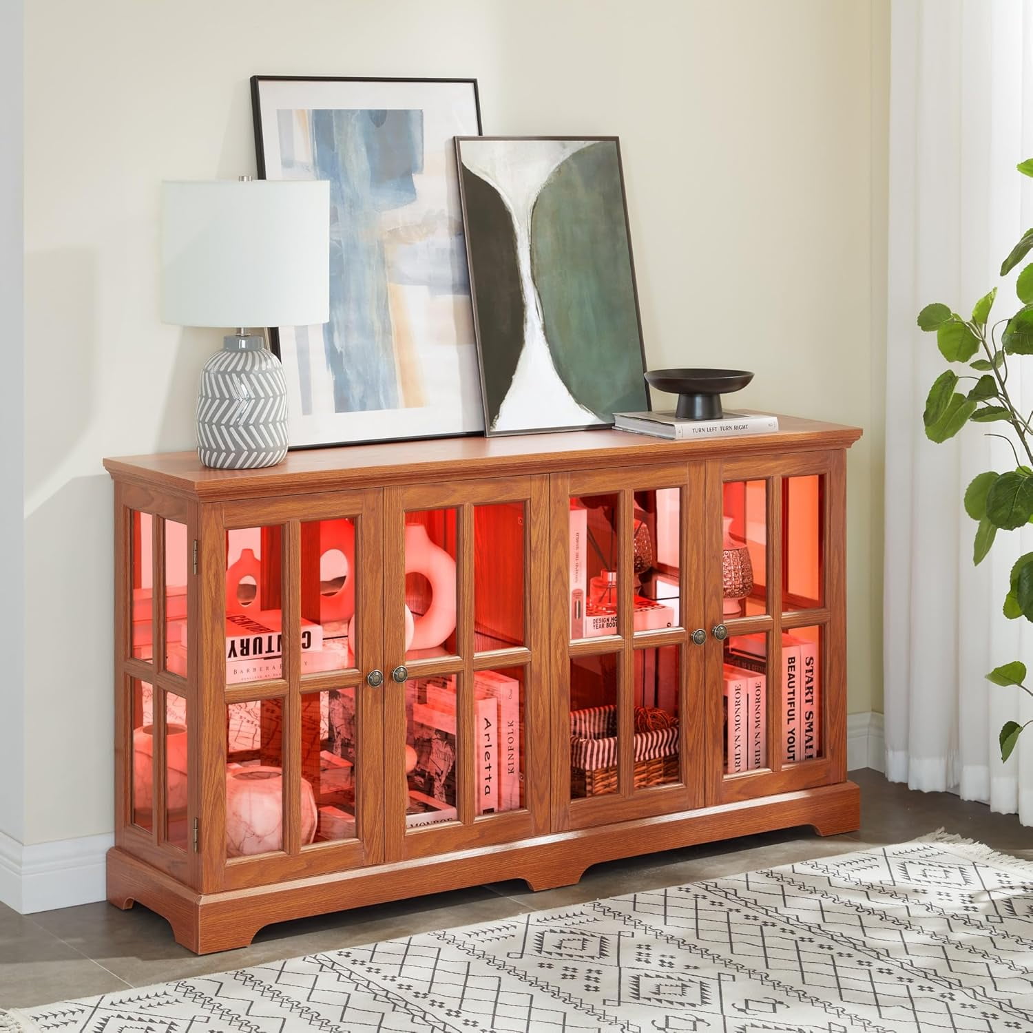 59" W LED Glass Display with 7 Color Lights, Vintage Curio Cabinet with 4 Glass Doors and Adjustable Shelves, Wooden China Case with Smartphone-Controlled for Living Room (Dark Oak)